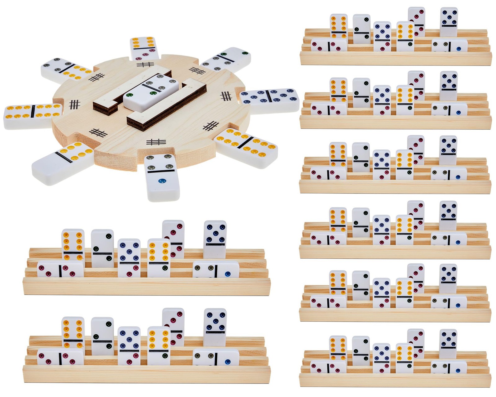 Mexican Train Dominoes Set, Wooden Mexican Train Hub with 8 Pcs Domino Trays …