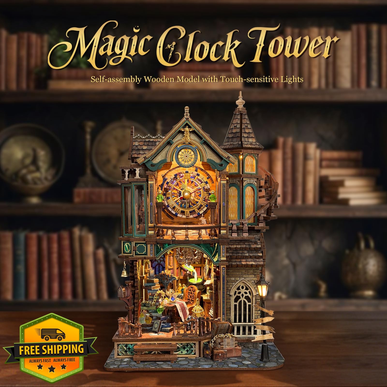LORENOOK Magic Clock Tower Book Nook Wood Kit LED