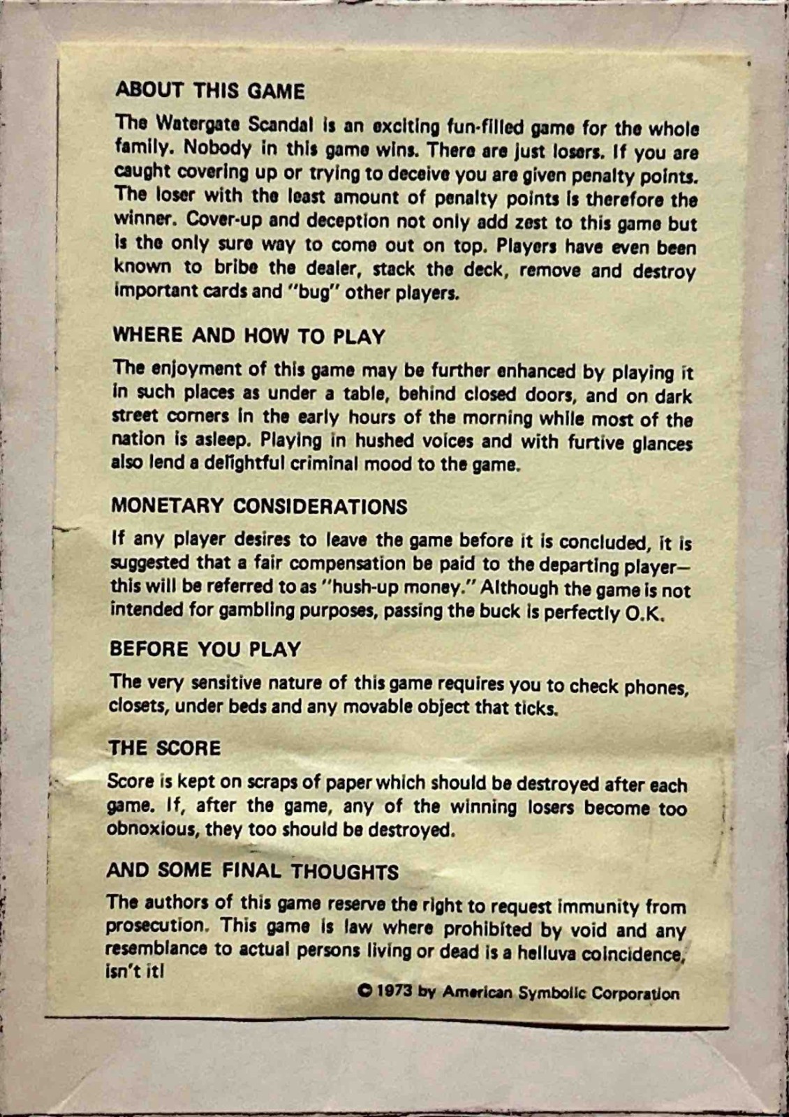 1973 Vintage Watergate Scandal Card Game Mid Century Politics Made in USA