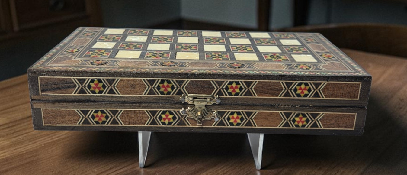 Lebanese Backgammon And Checker Board Set With Mother Of Pearl/Walnut Inlays