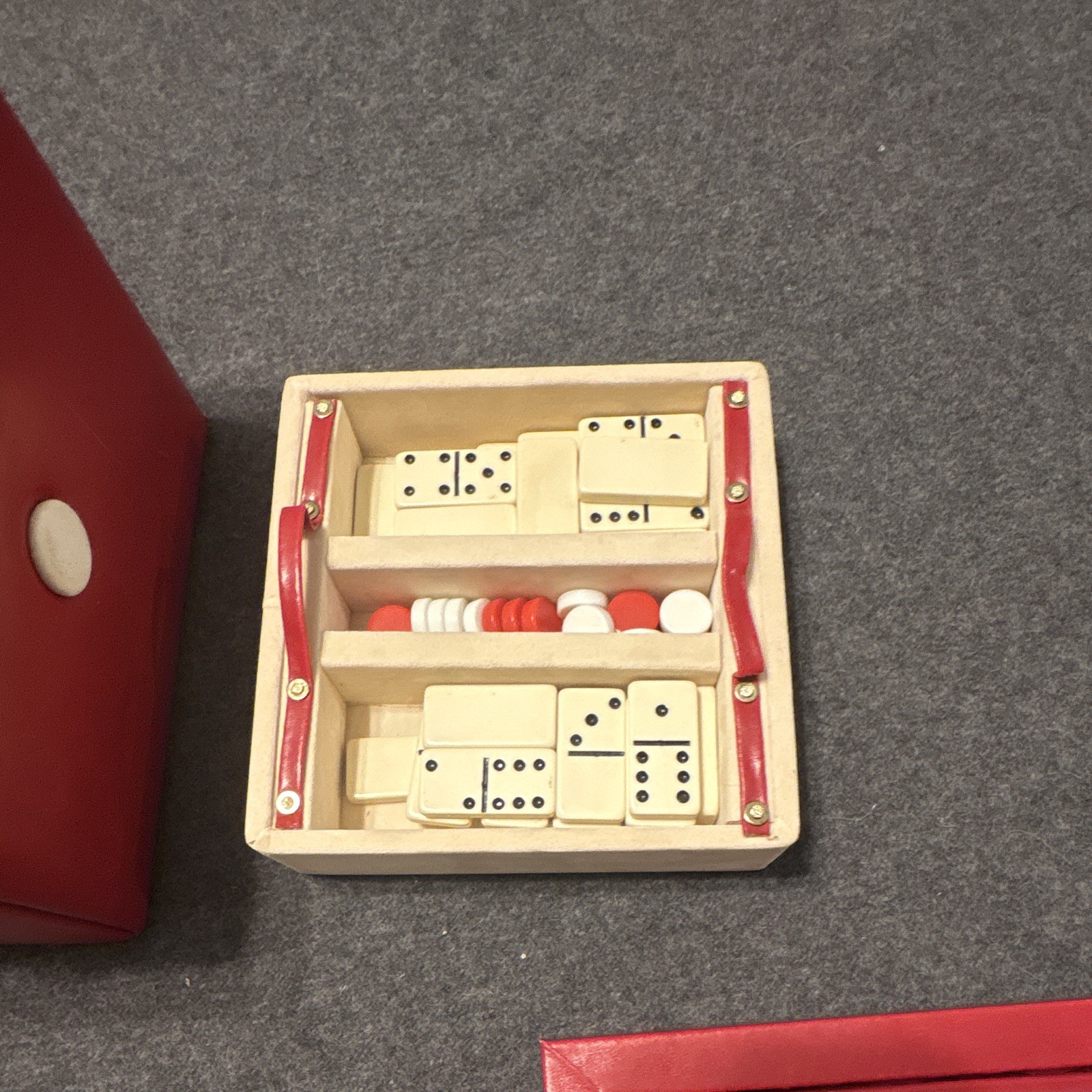 Red Dice-Shaped Travel Game Set w Board, Dominoes, Poker Chips, Cards & Dice
