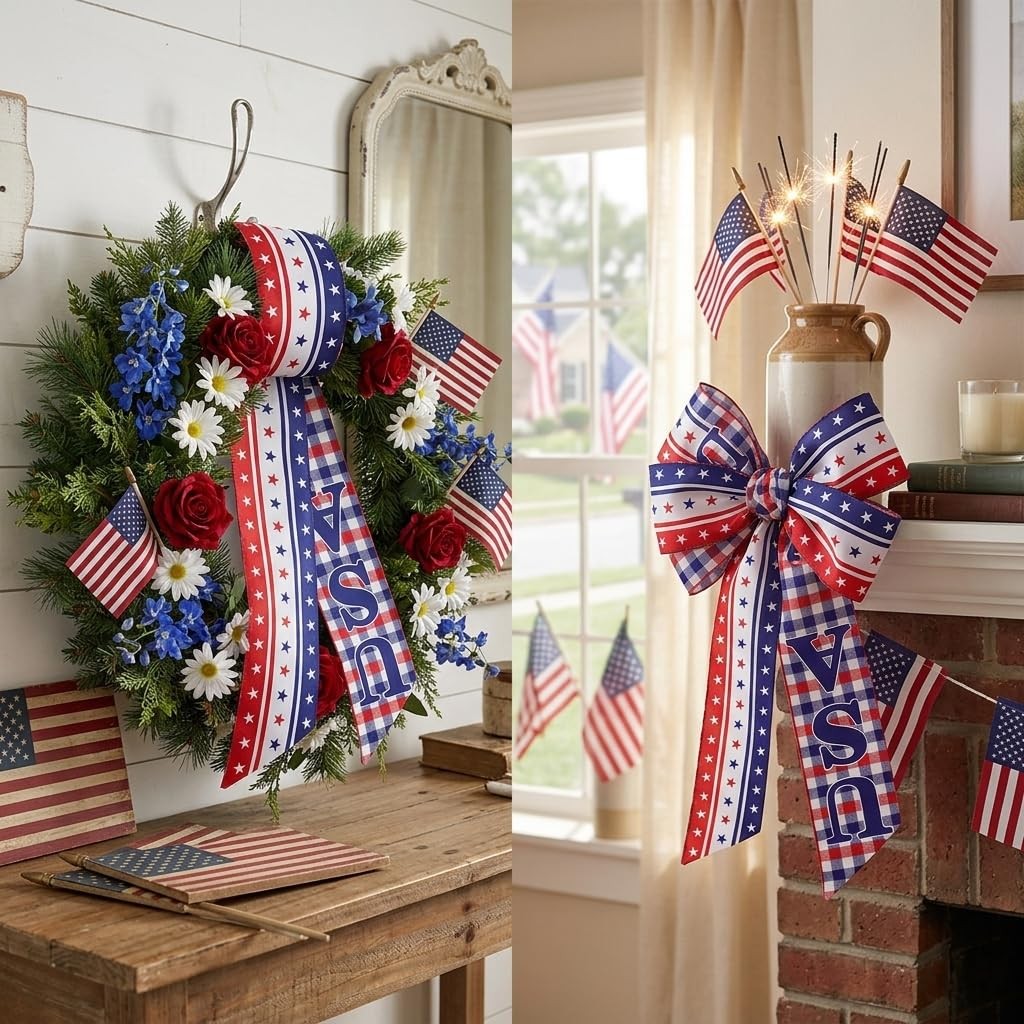 Red White Blue Patriotic Sash for Front Door Wreath 4th of July Decor Stripe