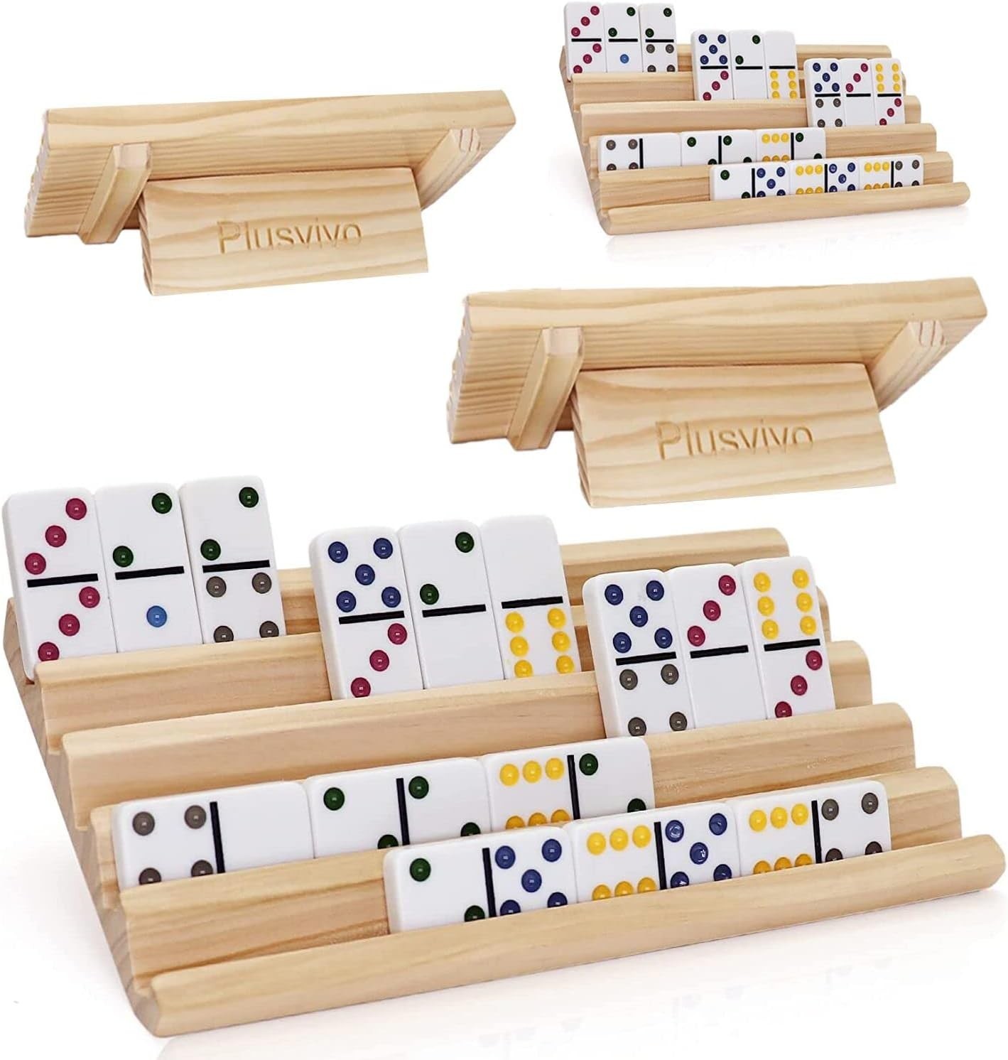 Racks with Stand Set of 4, Mexican Train Dominoes Set Trays Wooden Domino Holder