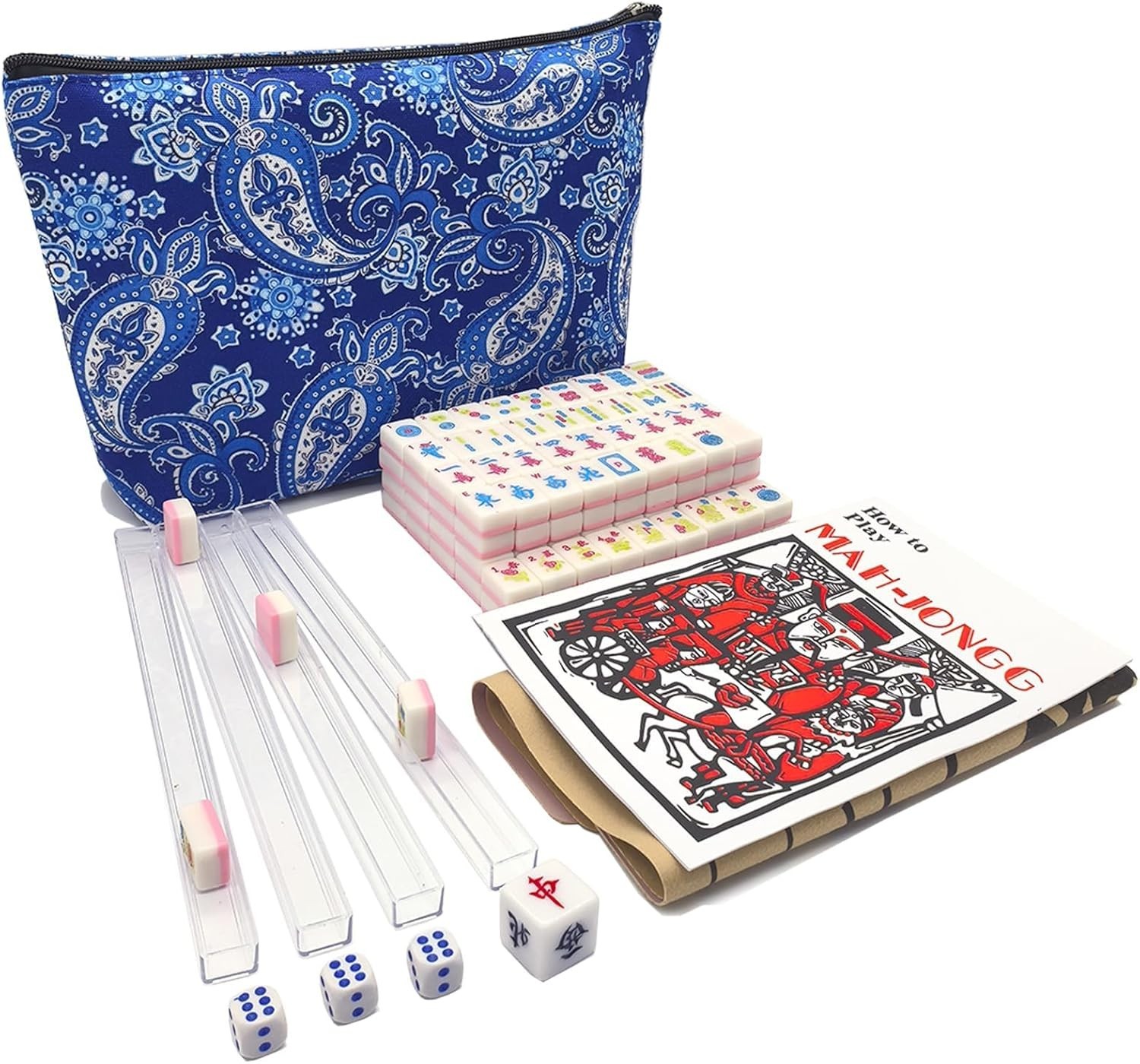 166 Pink American Printed Mahjong Game Set w/ Carrying Bag and Accessories,0….