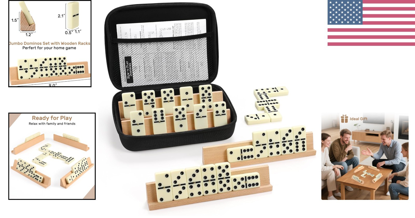 Deluxe Jumbo Dominoes Set for Adults with 4 Beech Racks & Eco-Friendly Tiles