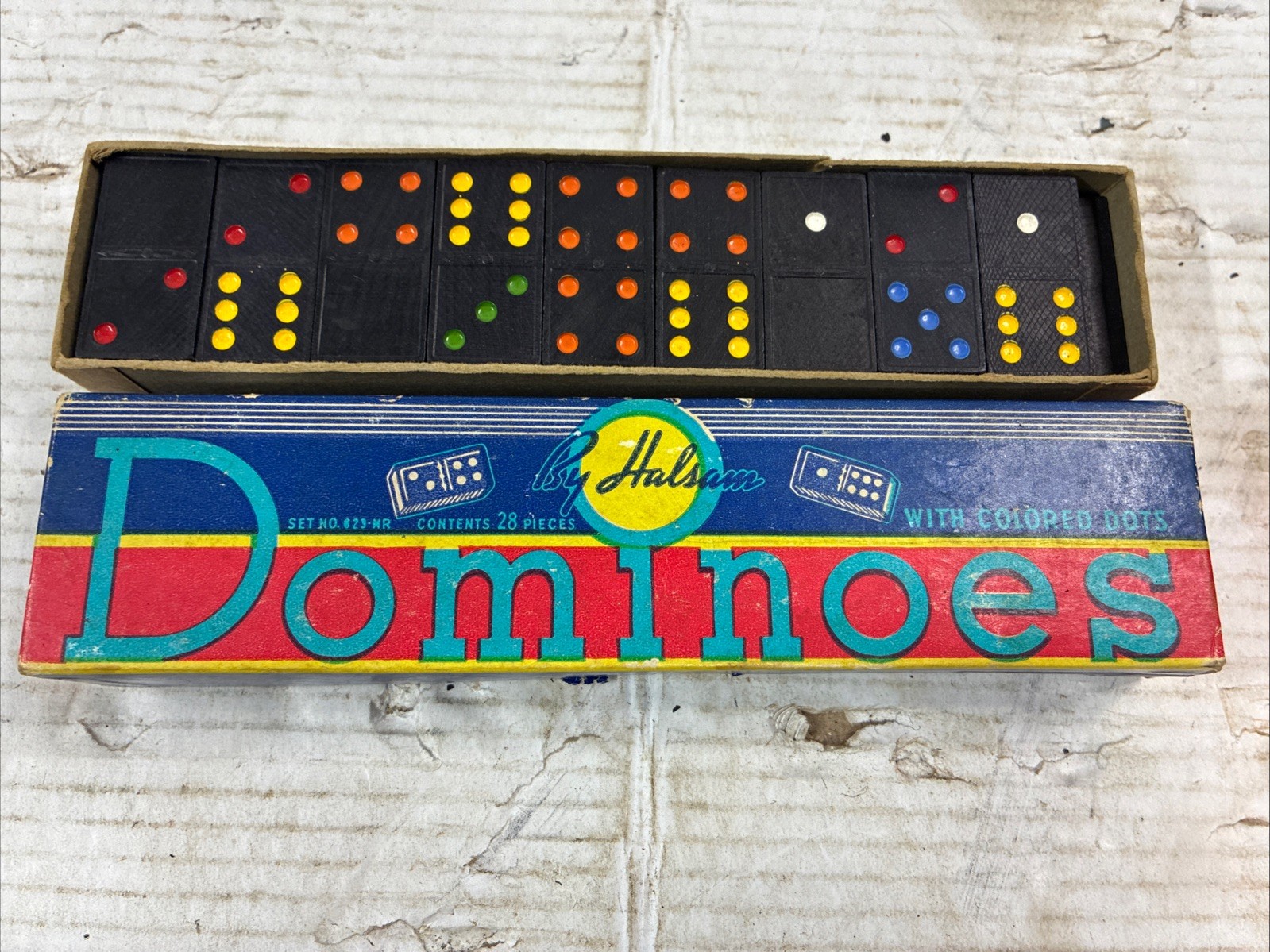 Vintage Dominoes With Colored Dots Halsam Set Of 28 With Original Box