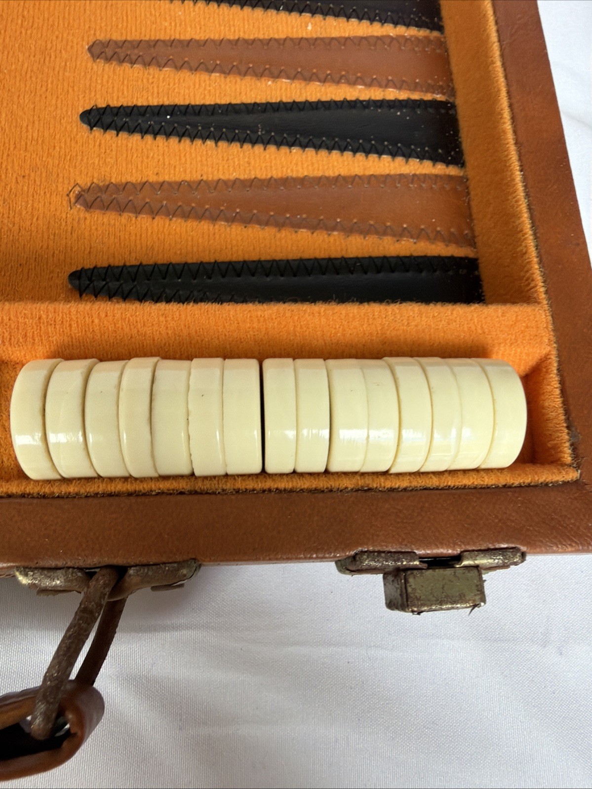 Vintage Backgammon Set Faux Leather Carrying Case Brown Striped Travel Board