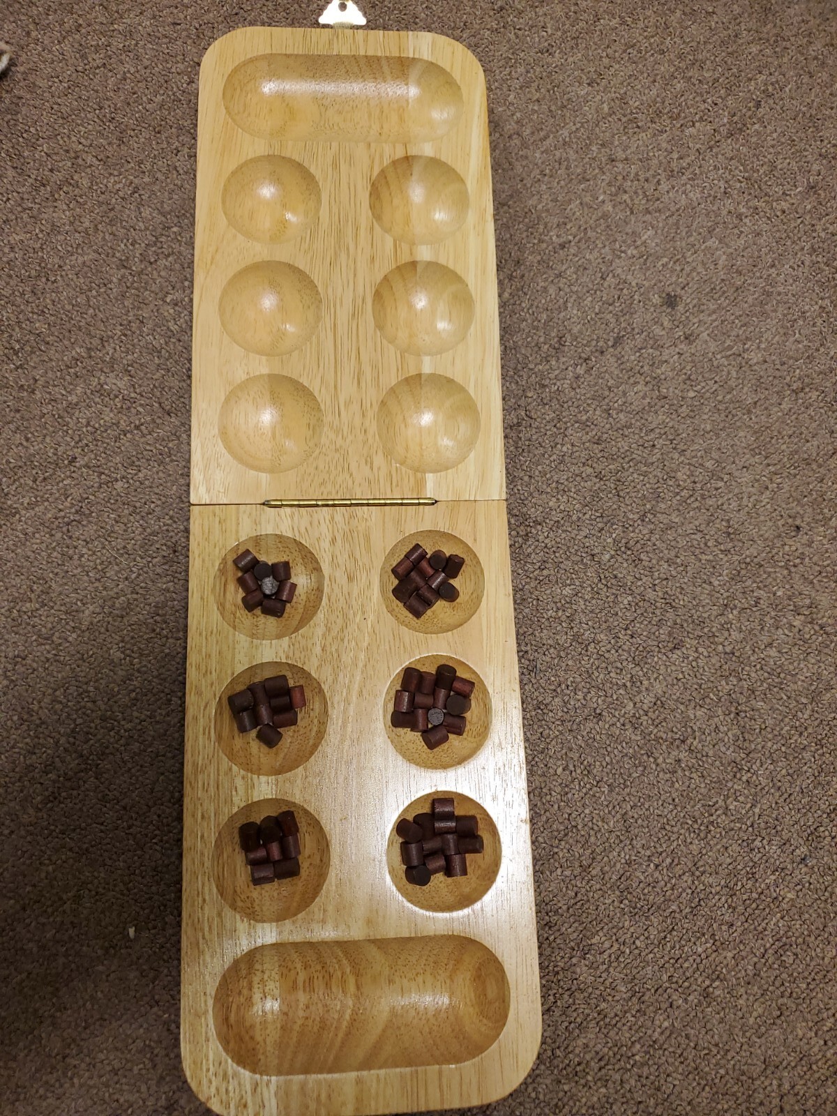 Mancala board game, solid wood, wooden peg pieces, Thailand