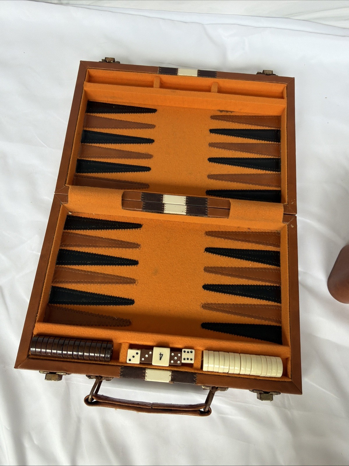 Vintage Backgammon Set Faux Leather Carrying Case Brown Striped Travel Board