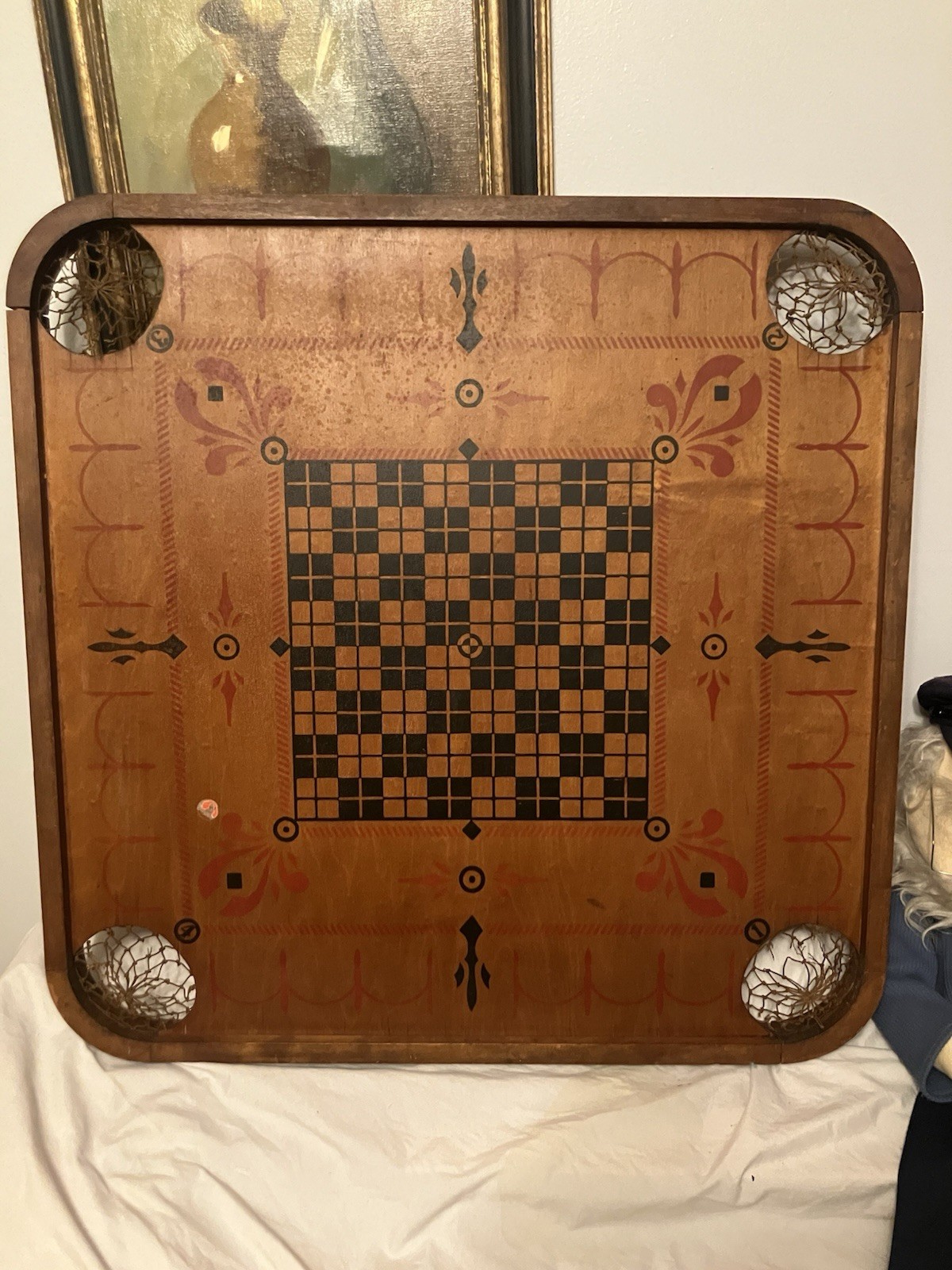 Antique Carrom Company Double Sided Wood Game Board No. 1 Archarena, 28.5″X28.5″
