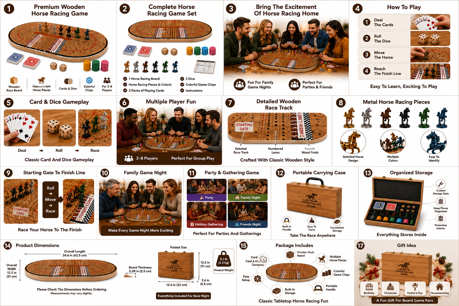 24.8in Wooden Horse Racing Board Game Foldable Large Race Track Set w Accessorie