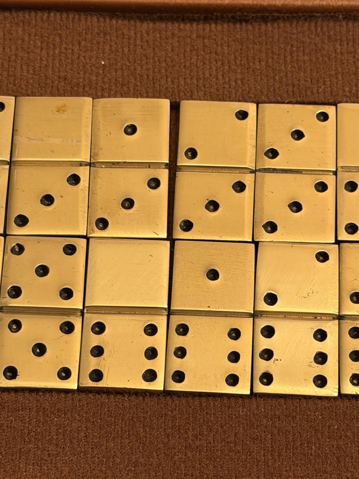 Vintage Mid-Century Solid Brass Double Six Dominoes Set(28) in FauxLeather Case