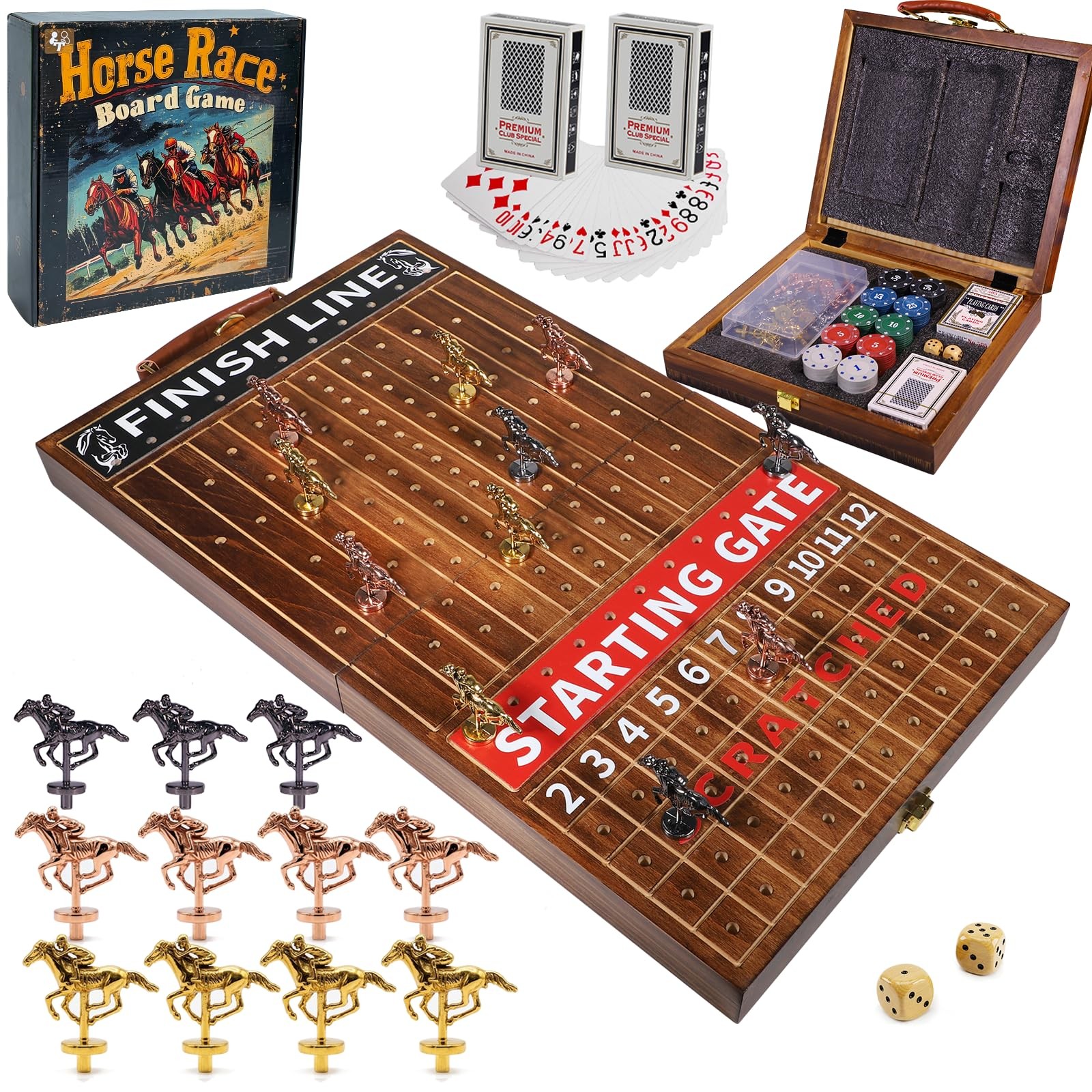 Wooden Finish Line Horse Racing Game 11 Metal Horses 2 Dice Cards Chips Adult