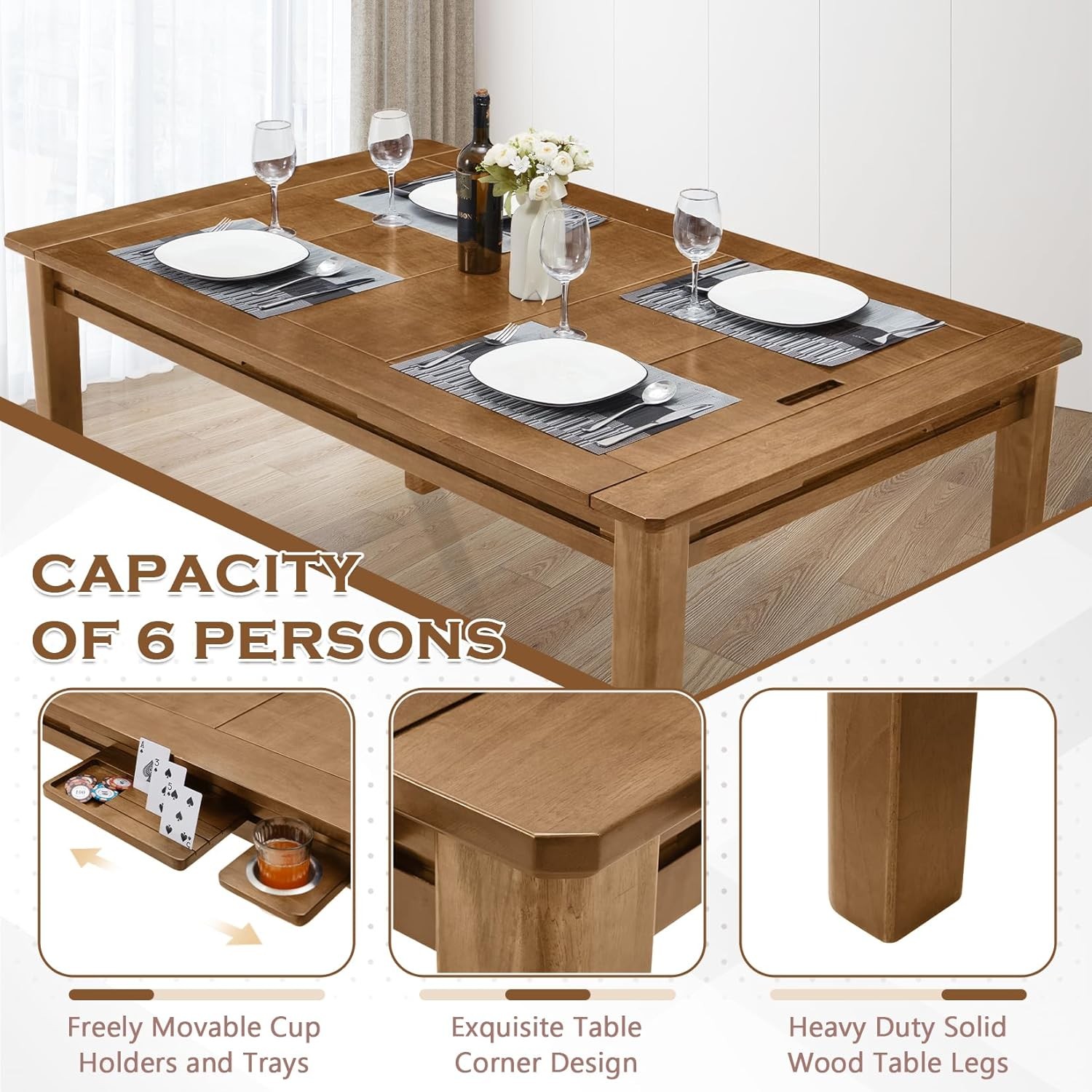 63″ ×39“ Board Game Table W/ Removable Top Solid Wood Dining/Gaming Table
