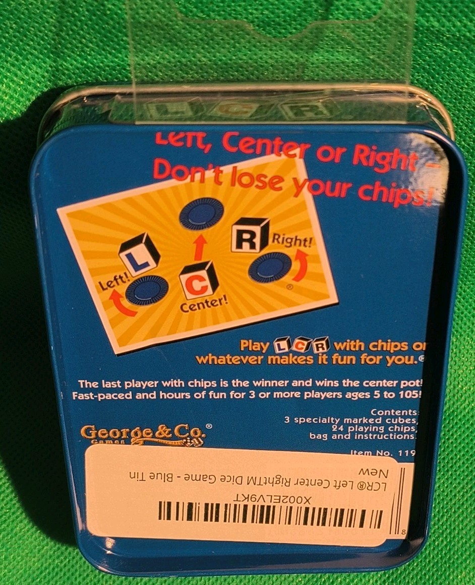 Left Center Right Dice Game Blue LCR Tin Box Family Strategy Easy NEW AND SEALED