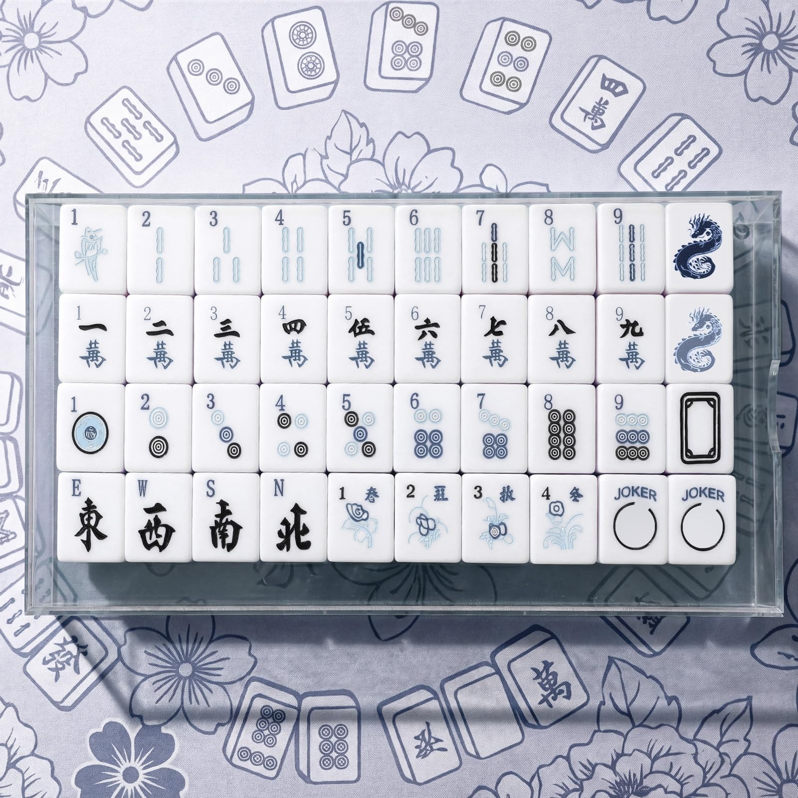 Soulchen 160 Chinoiserie Blue Porcelain American Mahjong Tile Set with Acryli…