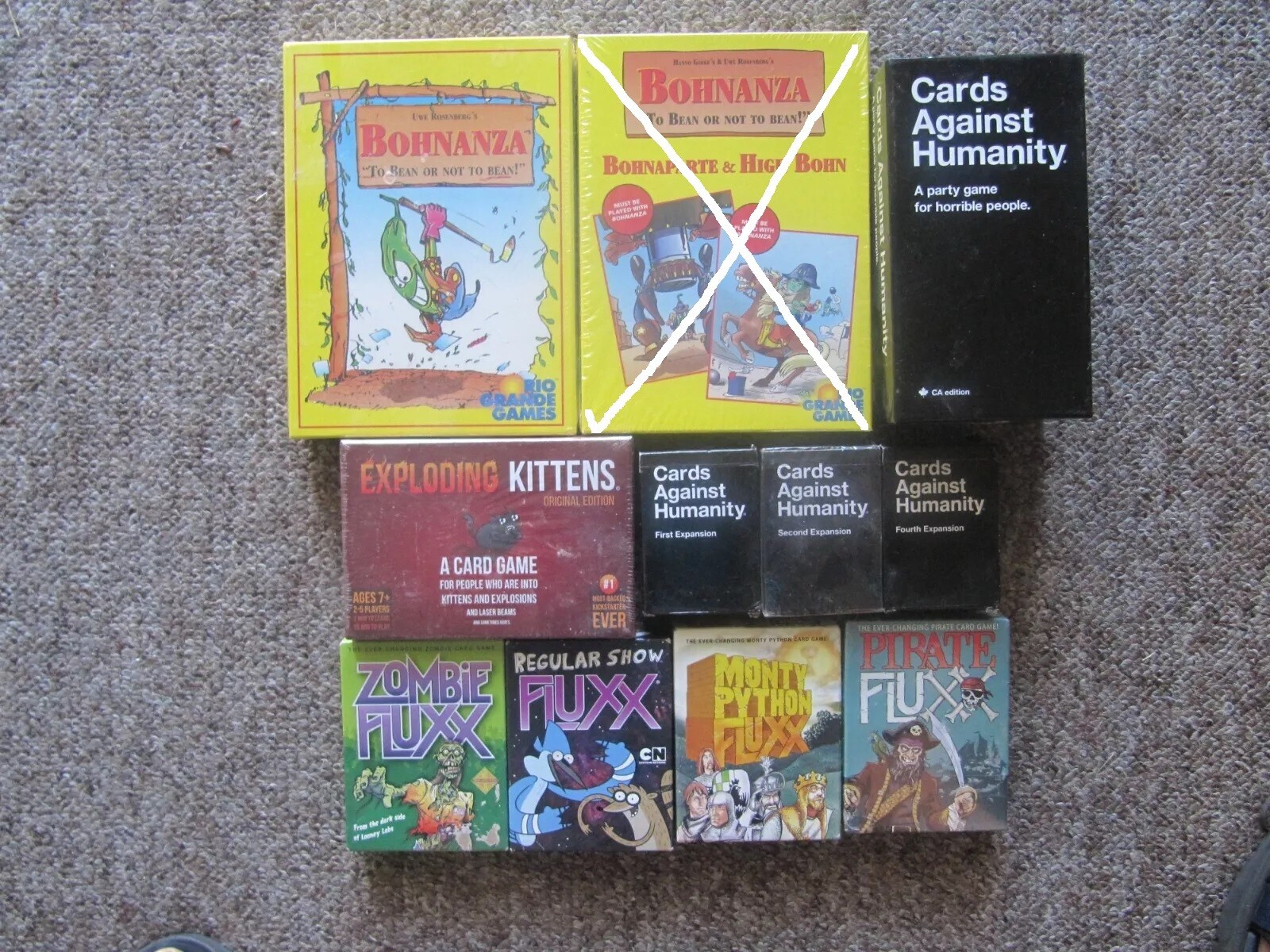 4 Fluxx games + Exploding Kittens, Bohnanza, Cards Against Humanity + expansions