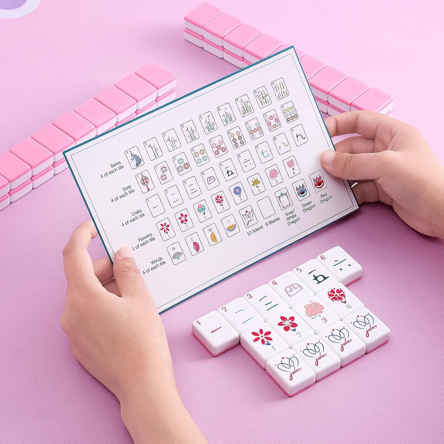 160 Pink Engraved American Mahjong Tiles Set with Carrying Bag and Accessories