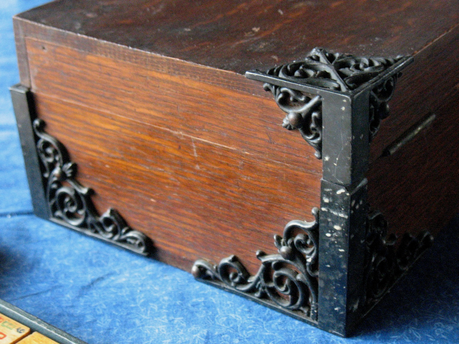 Antique Mahjong Set Oak Case 120 Painted Wood Tiles Dice Sticks Dated 1923