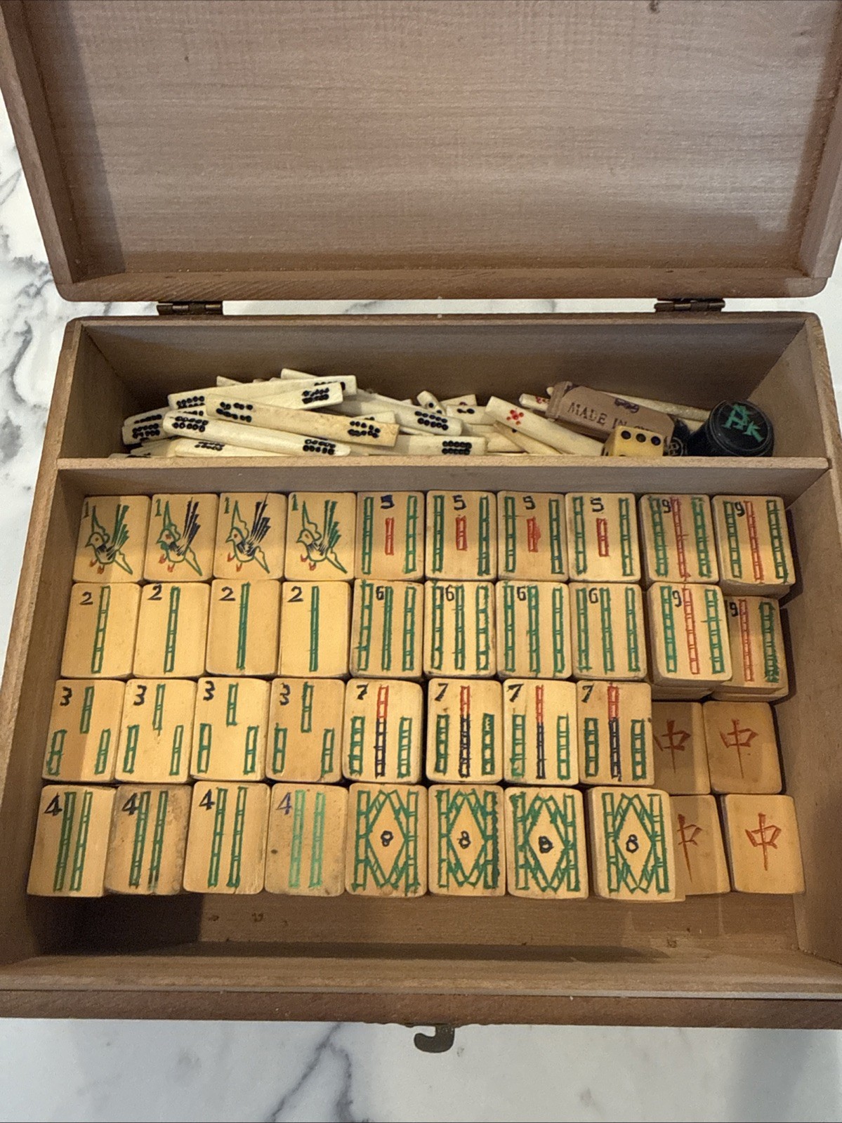 Vintage Chinese Mahjong Set Dragon Carved Wood Box Bamboo 147 Tiles Sticks Dice