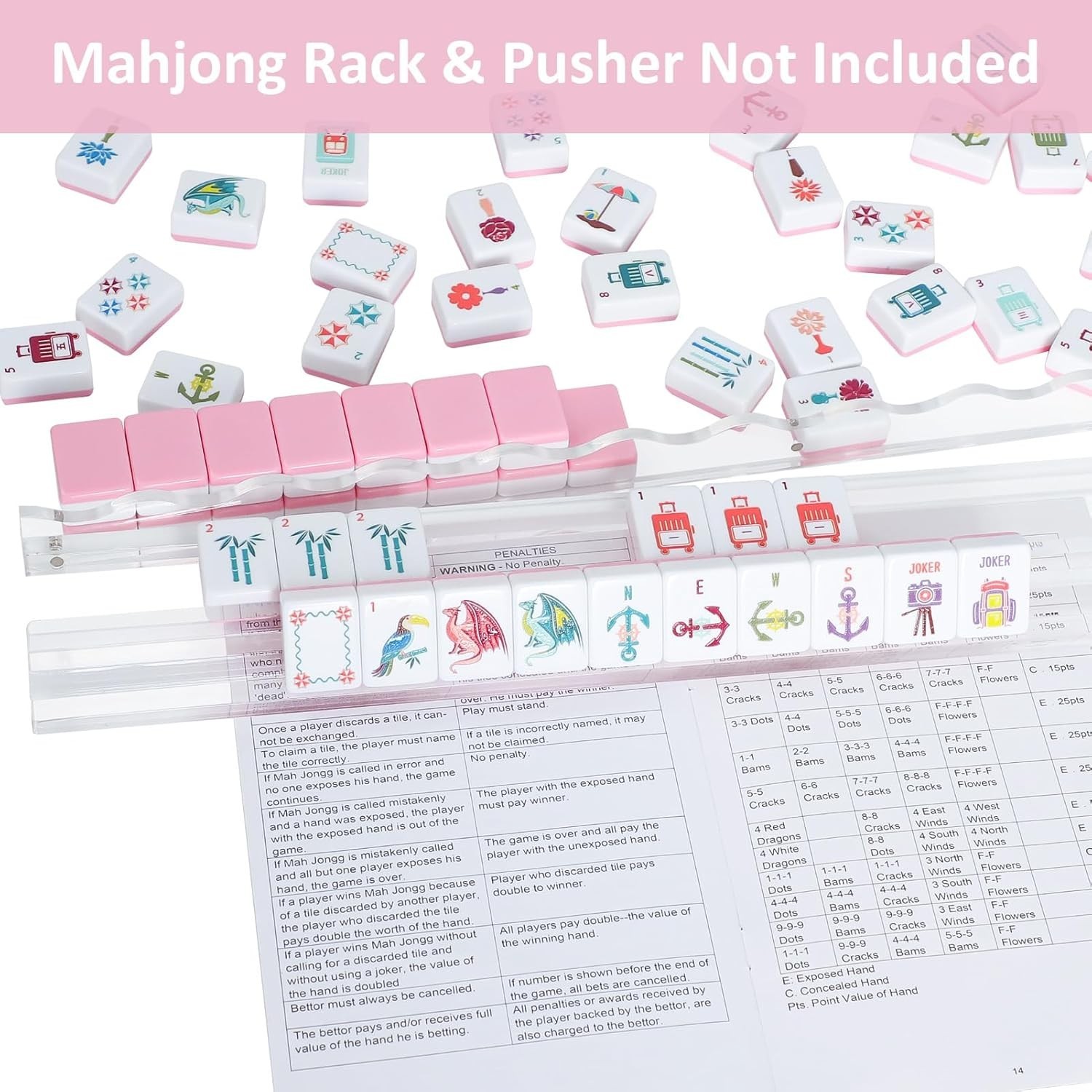 160 Pink Engraved American Mahjong Game Set with Carrying Bag and Accessories, 1