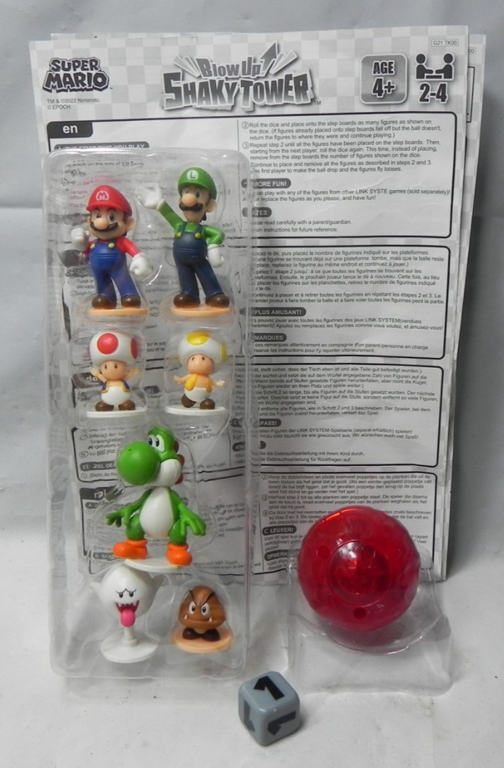 Super Mario Shaky Tower game FOR PARTS Figures, die, Bowser ball & instructions