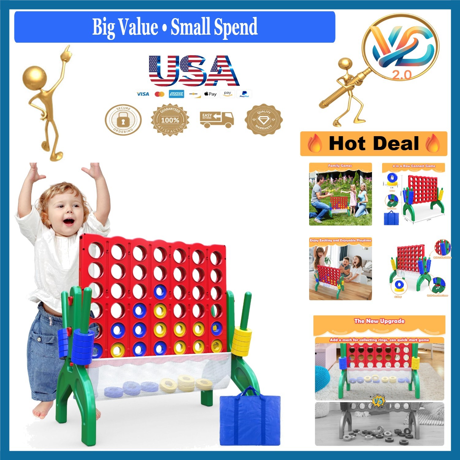 Giant 4-in-A-Row Connect Game Set for Kids & Adults Outdoor Indoor Portable
