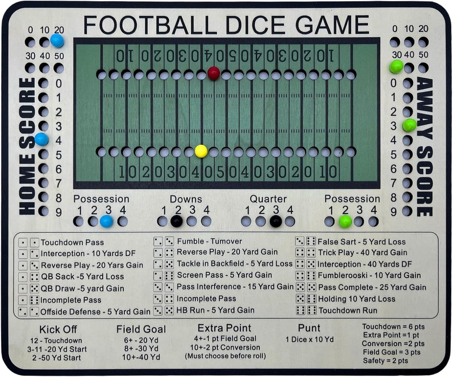Football Dice Game – Wooden Tabletop Board Game with Scoring Track, 11×9 Inches