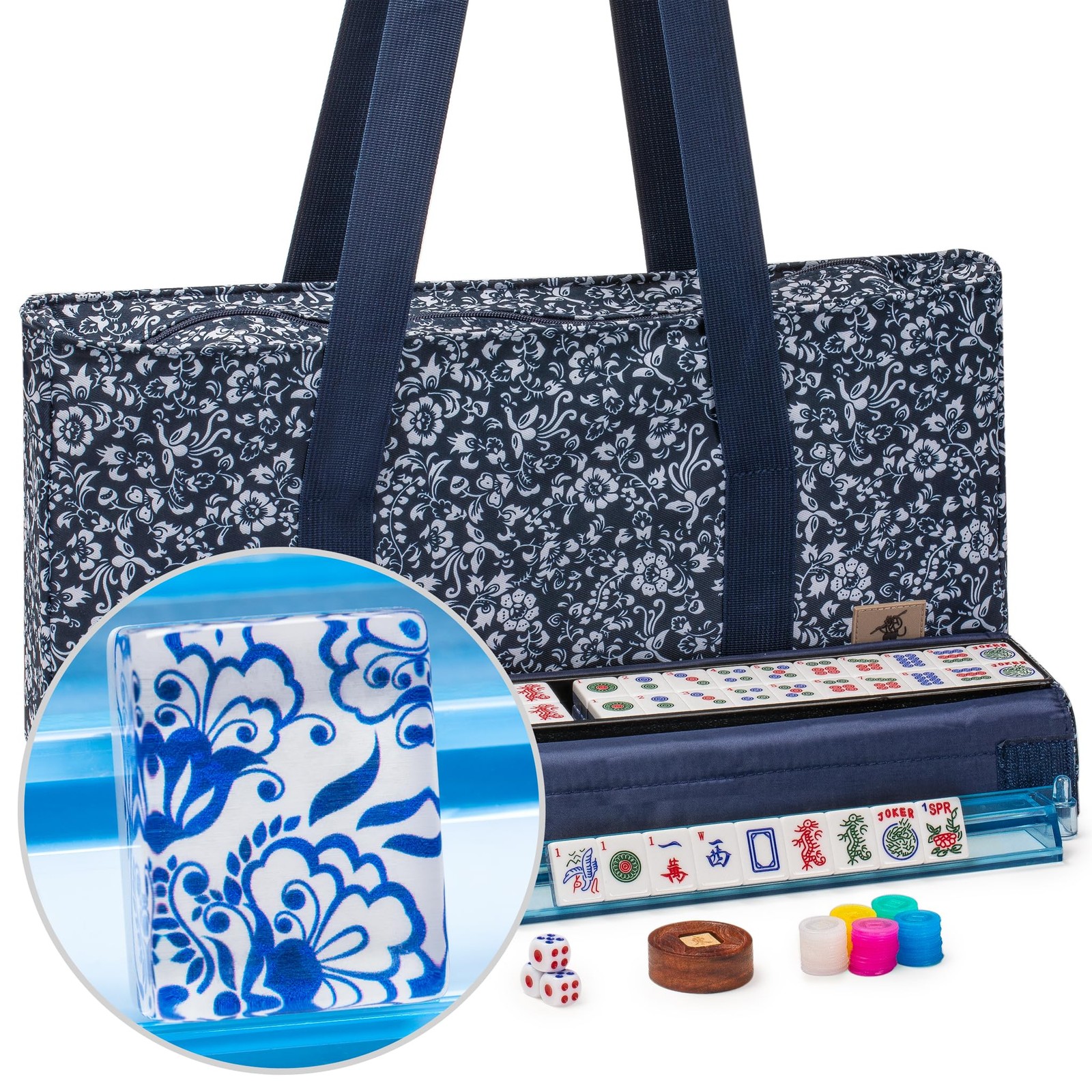 Yellow Mountain Imports American Mahjong Set, Chinoise II with Floral Blue So…