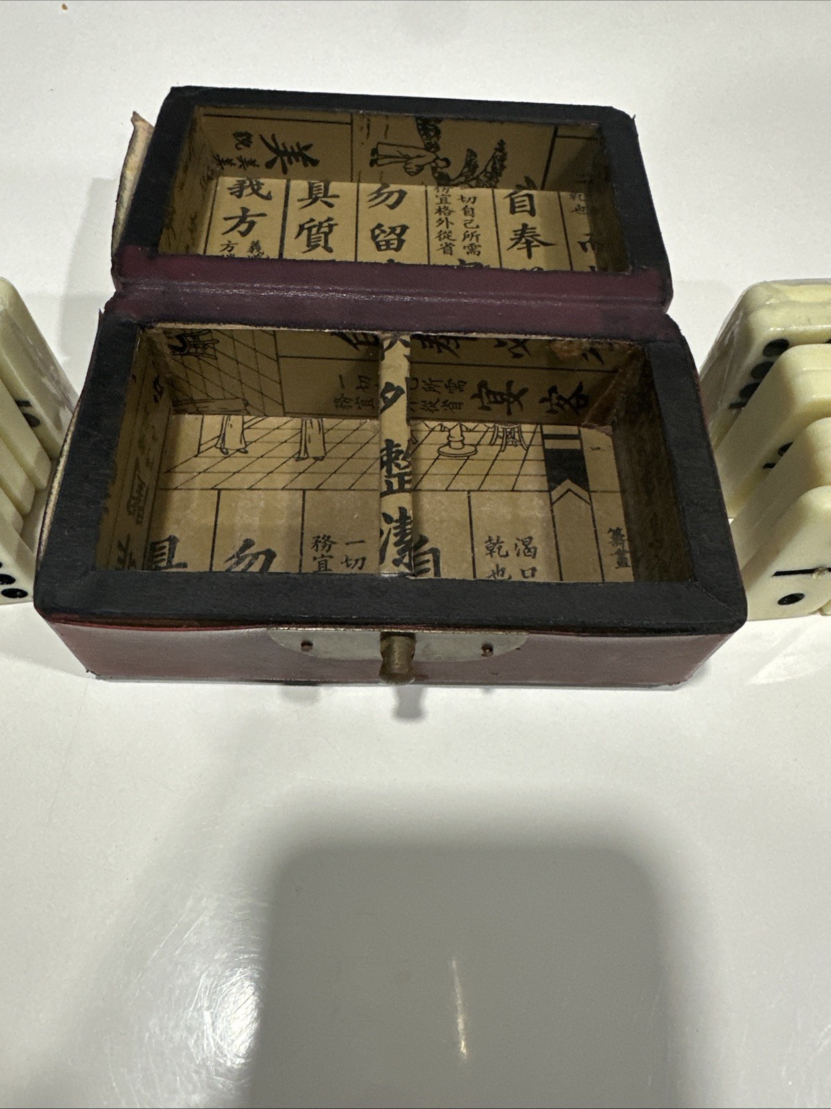 Vintage Chinese Red Leather Box Dragon Art -Box for Mini- Dominoes Game
