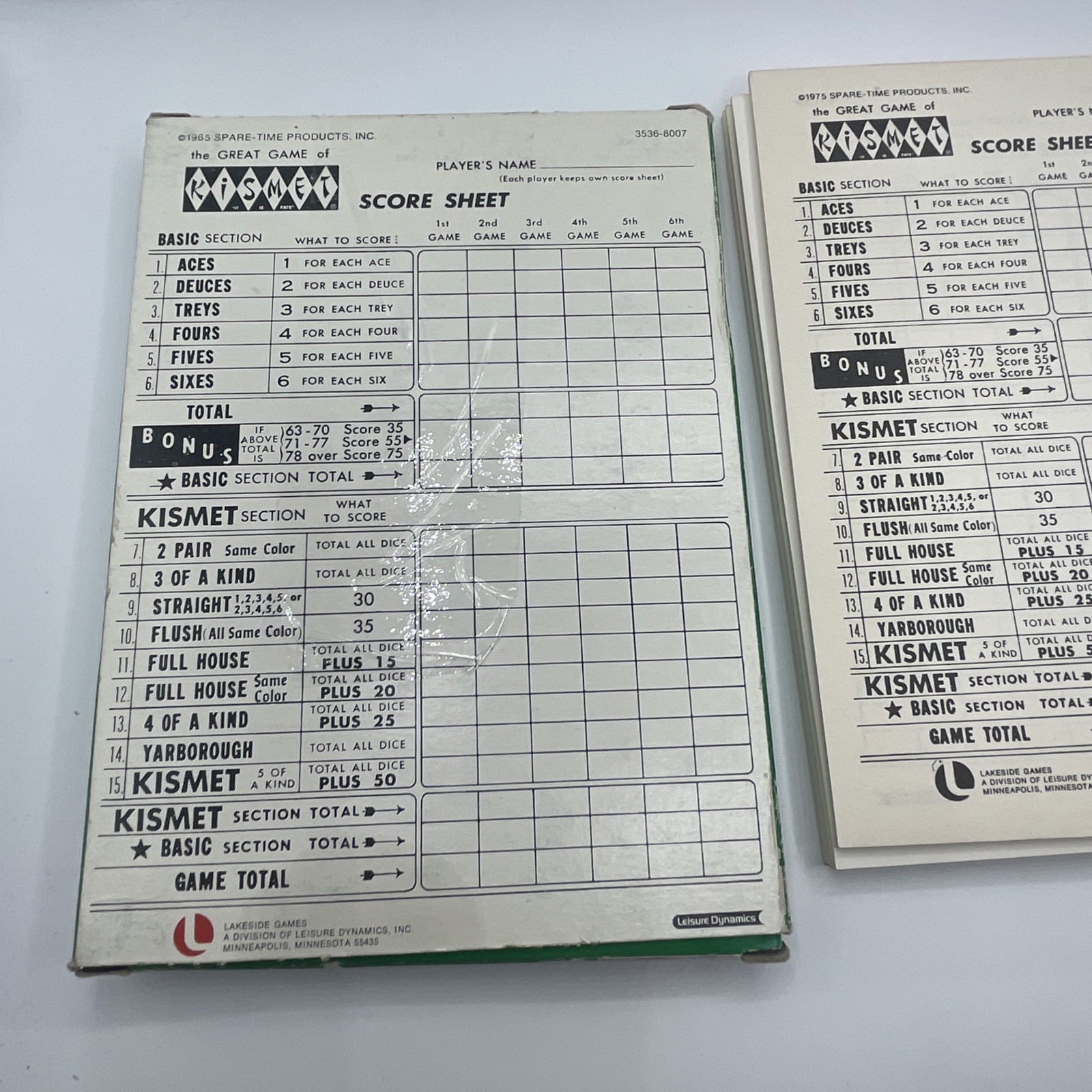 Vintage Kismet Game of Yacht 1975 Lakeside No. 8337 Score Pads Yahtzee