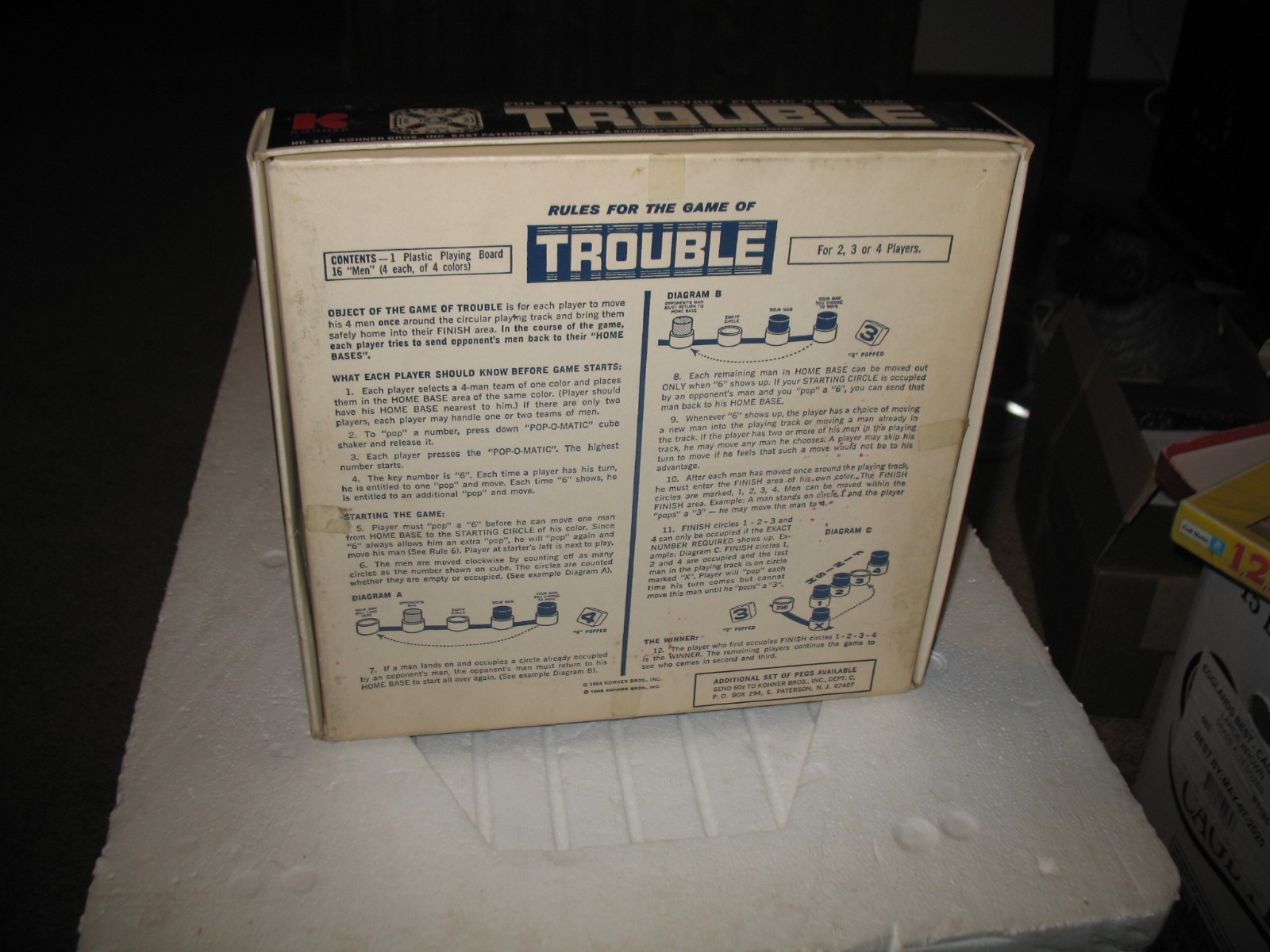 VTG KOHNER BROS BOARD GAME 1965 TROUBLE AGES 8 & UP GOOD USED CONDITION COMPLETE