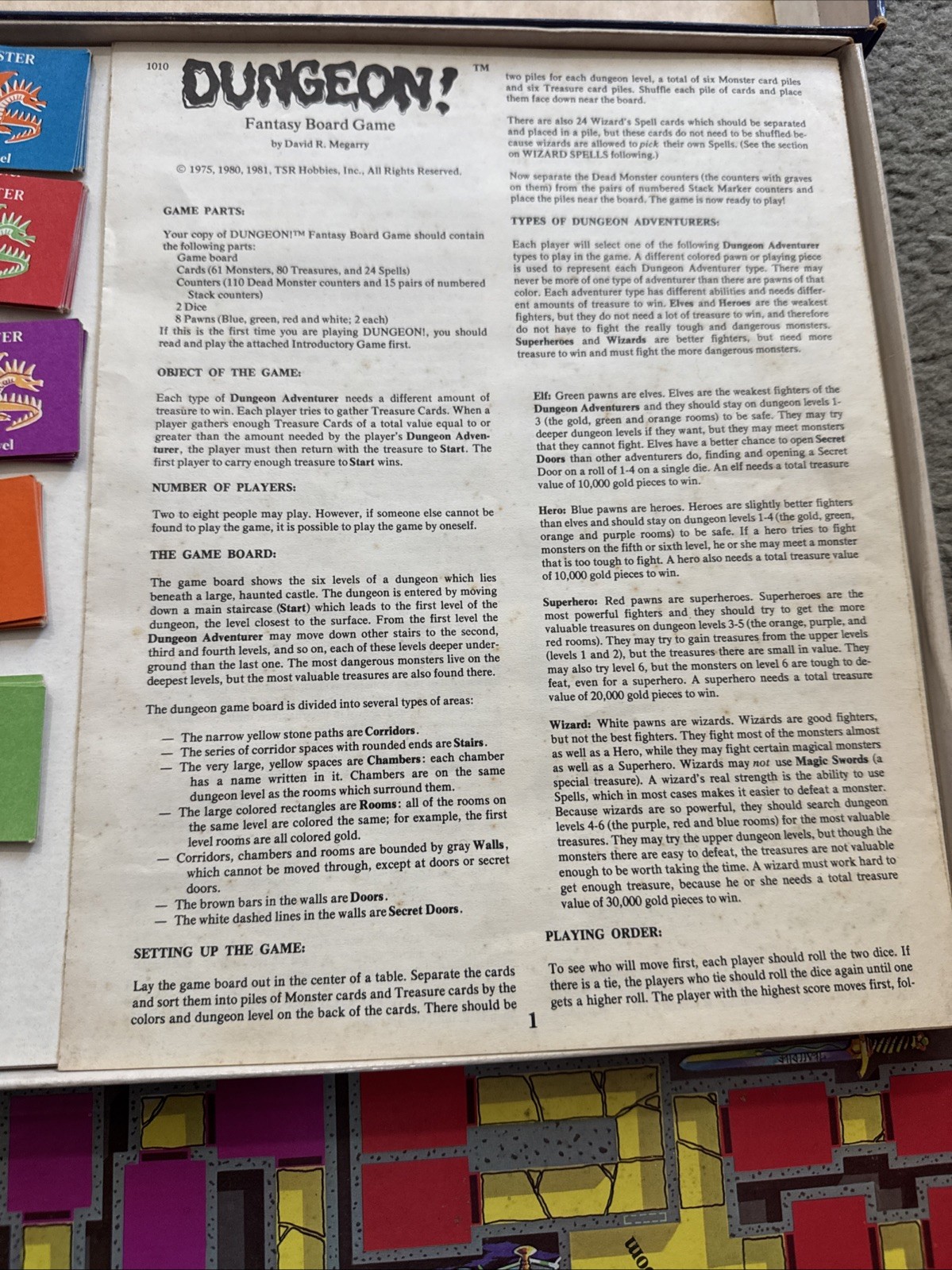 Dungeon! Vintage 1981 TSR Fantasy Boardgame Dungeons & Dragons Era 90% Complete