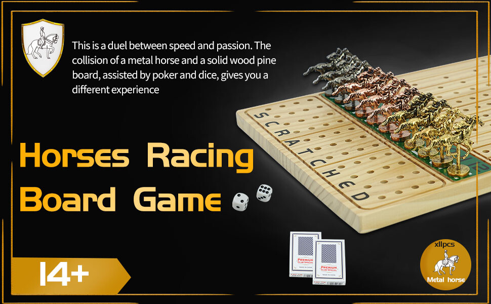 Horse Race Board Game, Thickened Solid Wood with 11 Durable Classic Metal Horses