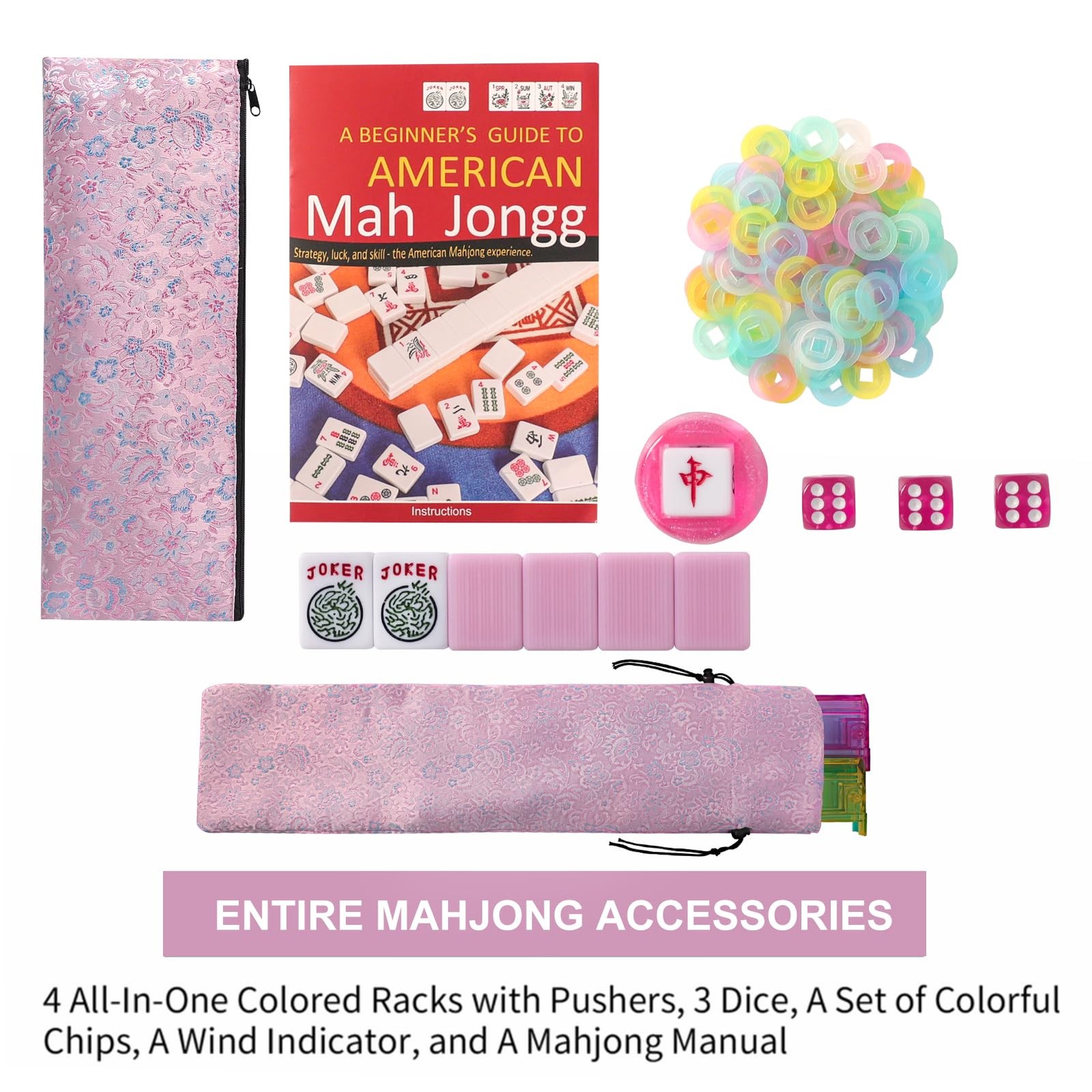 American Mahjong Game Set with 166 Pink Tiles, Bag, Racks, and Accessories