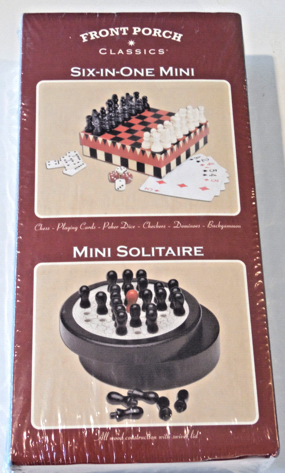 Mini Solitaire 6 in 1 Games CHESS CHECKERS DOMINOES BACKGAMMON CARDS POKER DICE