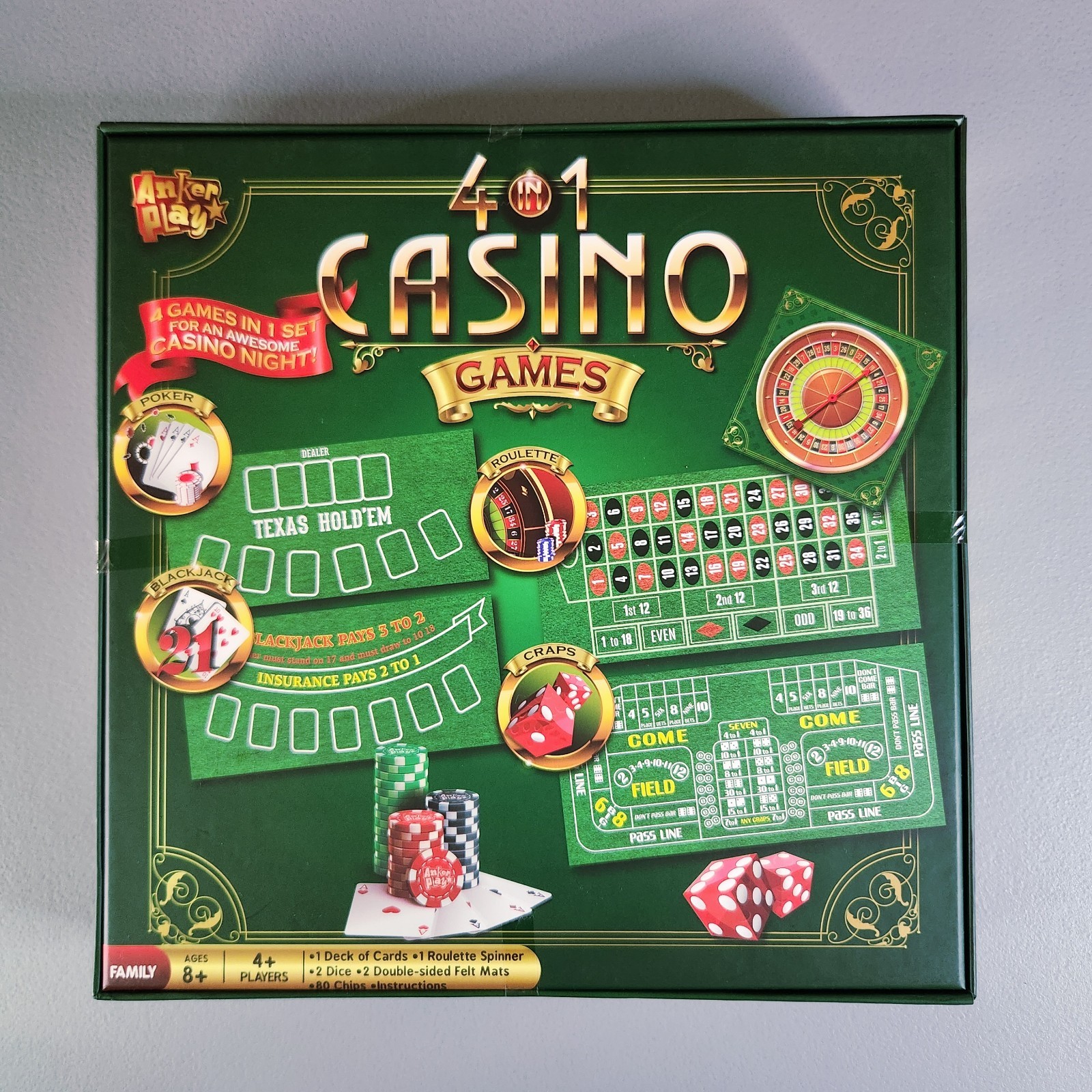 Anker Play 4 in 1 Casino Games Board Game Poker Blackjack Craps Roulette New Set