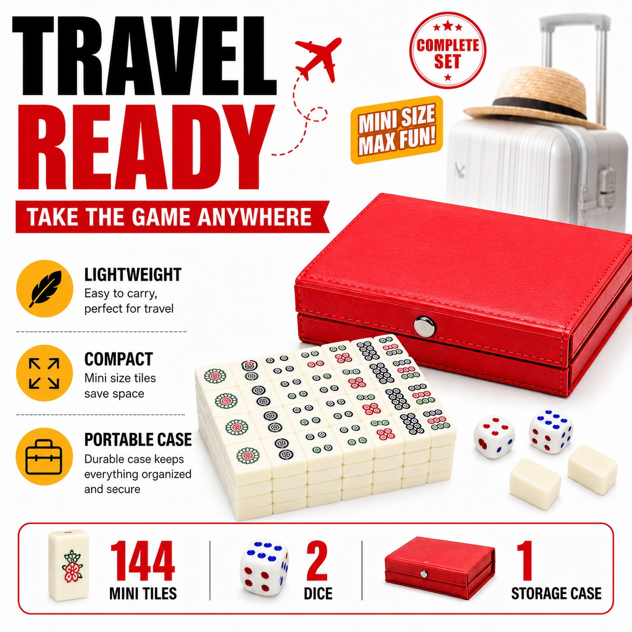 Travel Mini Mahjong Set 144 Tiles 2 Dice Red Carry Case Family Tabletop Game Toy