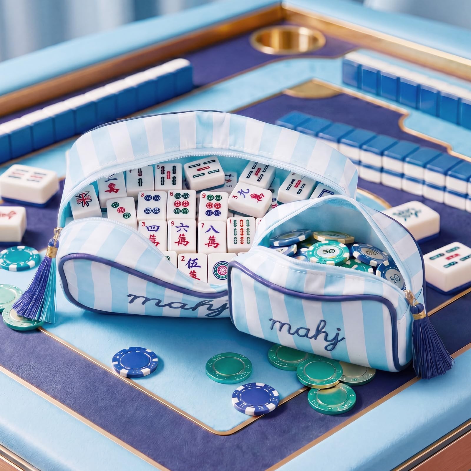 Mahjong Tile Bag Set -Blue 2-Piece Striped Thickened Canvas Tile Case & Embro…
