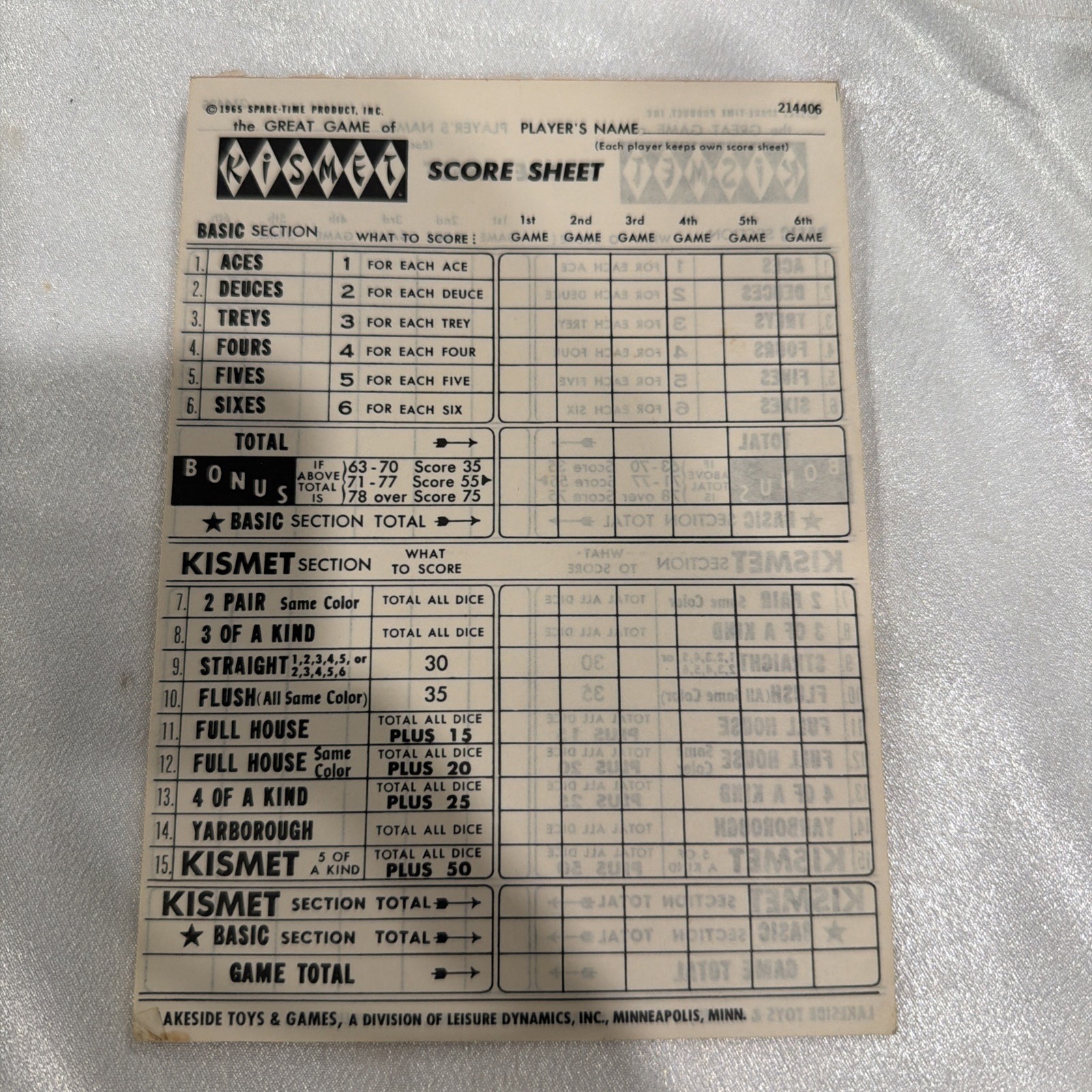 Vintage Kismet Score Pad 23 Pages Left, Spare-Time Products 1965