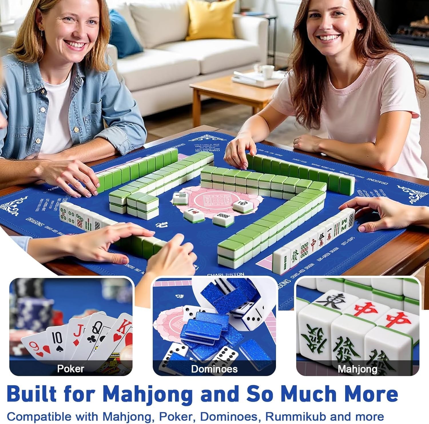 American Blue Mahjong Game Mat Non Slip 31.5 x 31.5 inches Table Top Playing