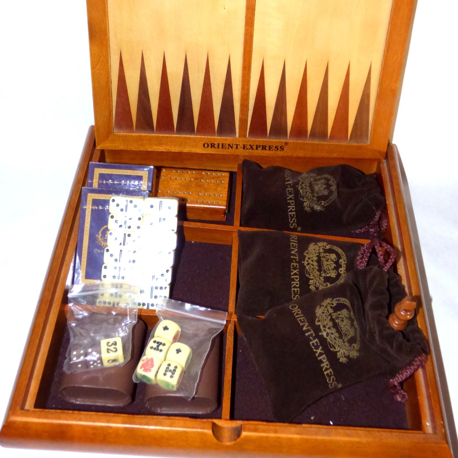 Orient Express Luxury Wood Game Set Chess Backgammon Dominoes Cards Complete