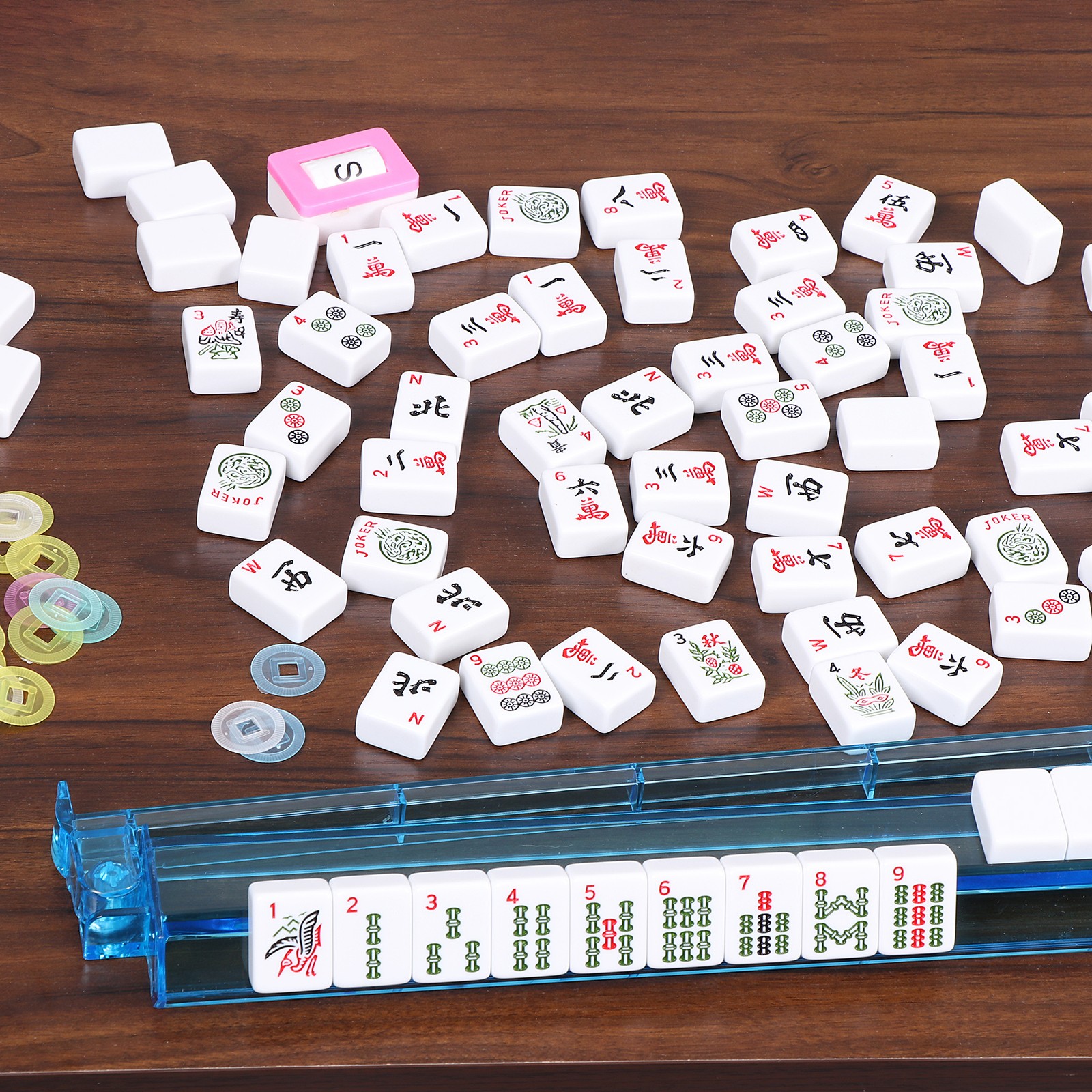 American Mahjong Set,166 Premium White Tiles 4 All-in-One Mahjong Racks/Pushers