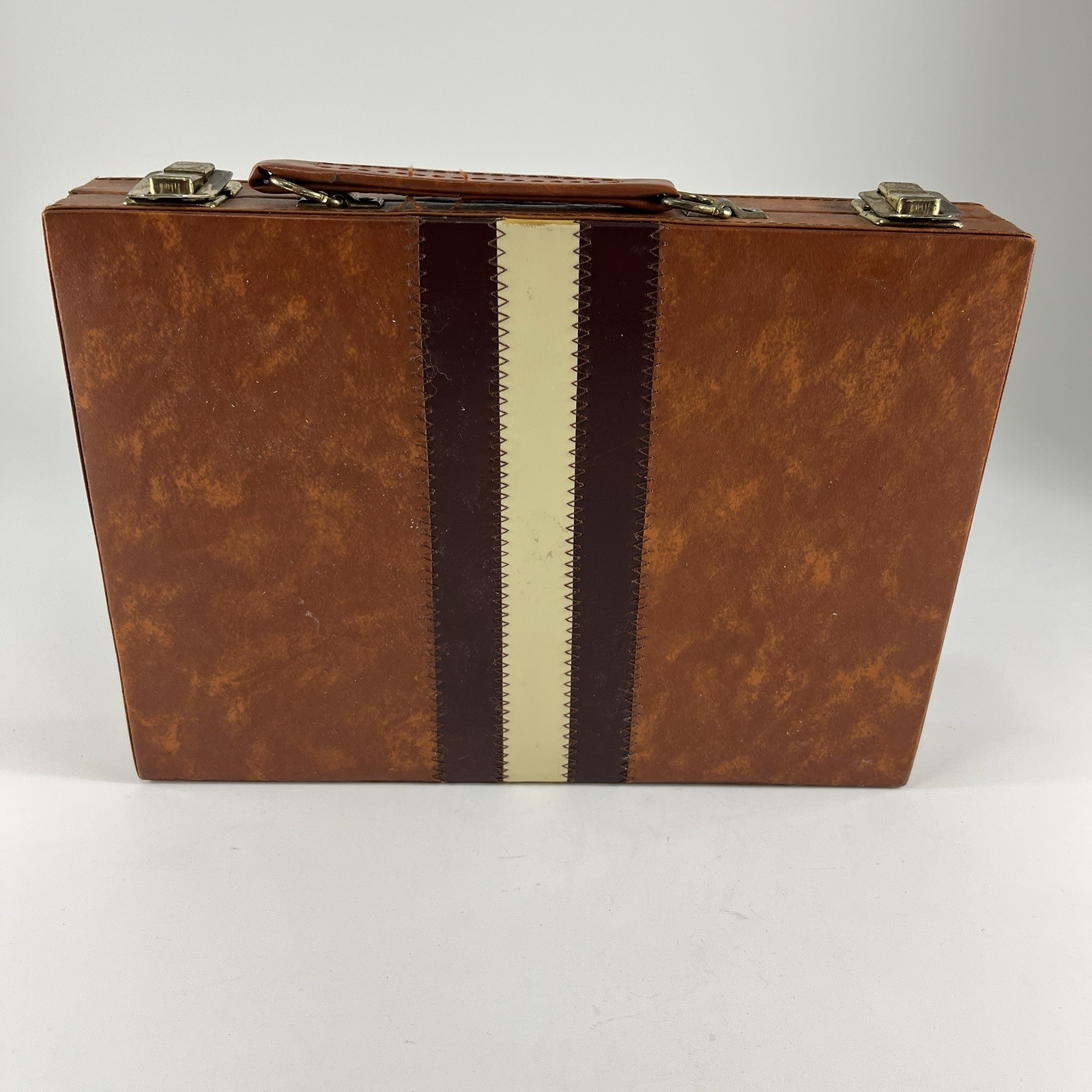 Backgammon Travel Case Game Complete Brown & White Faux Leather Vintage