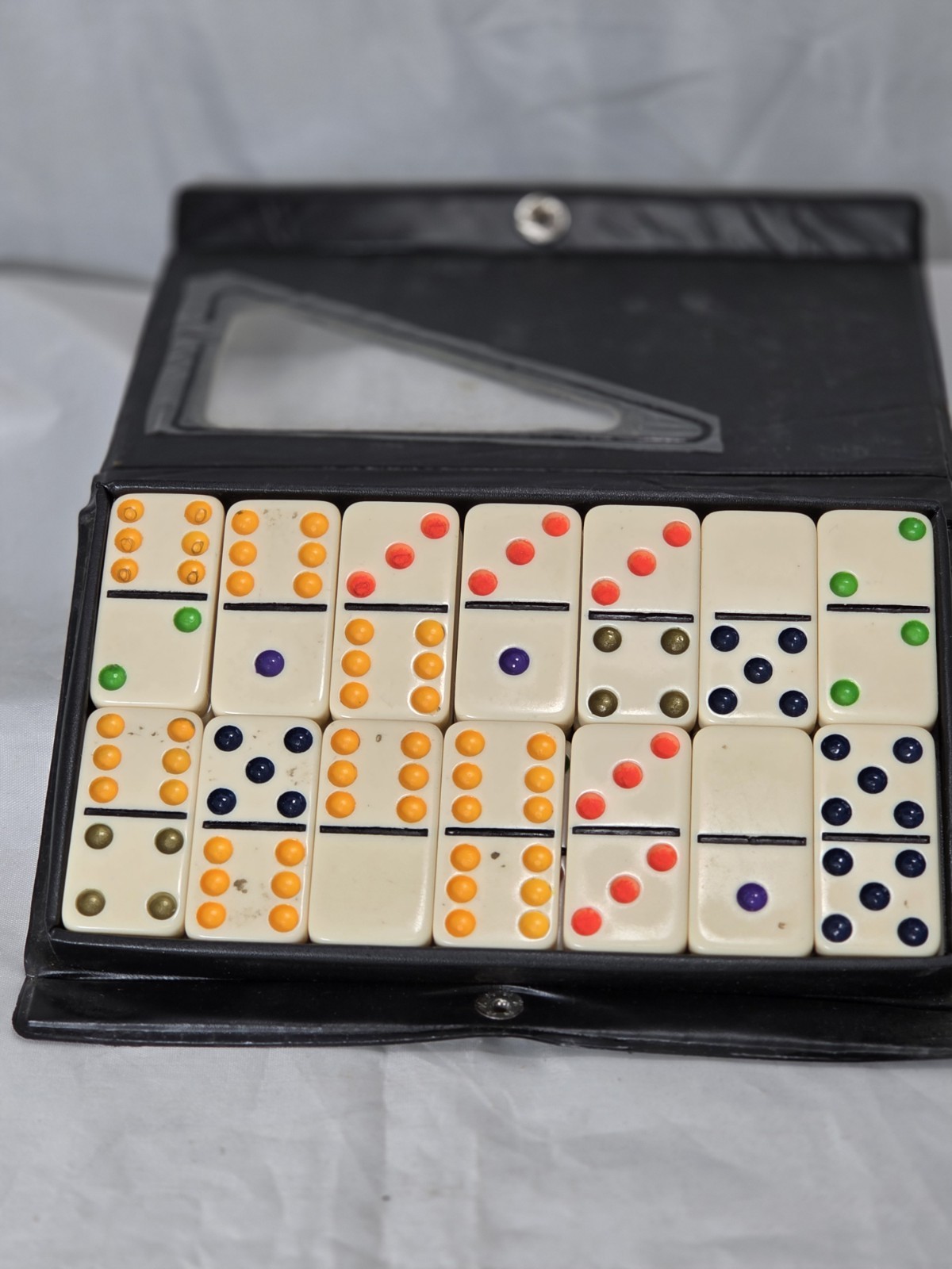 VINTAGE Dbl Six Jumbo Domino Set In Case 28 Pieces ,Ivory & Bright Colors.