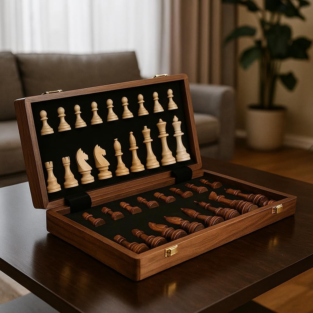 Walnut Chess Set 15” x 15” with Felted Game Board Interior for Storage Chess G