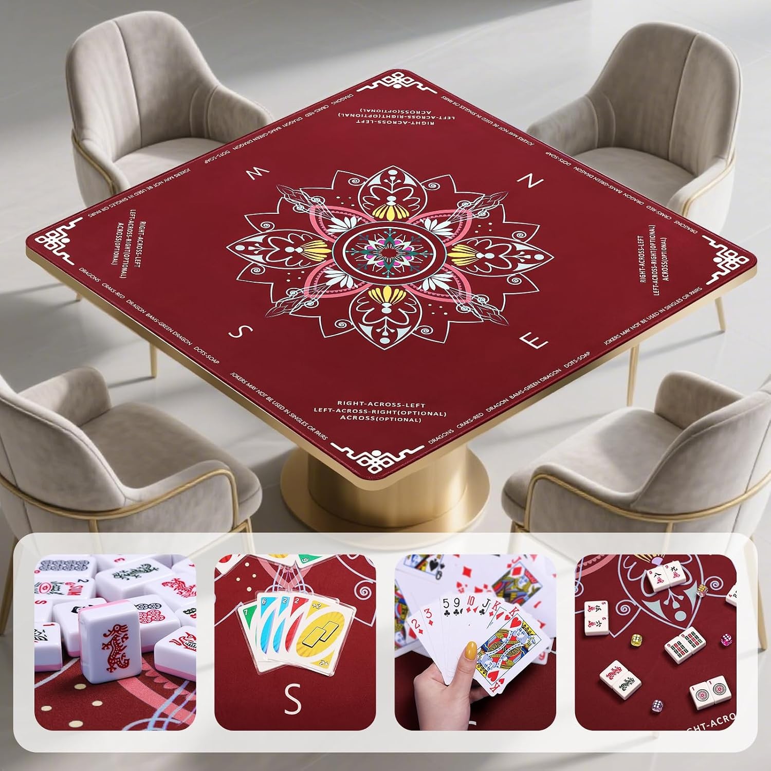 32×32 Red Mahjong Table Mat Non Slip Table Cover with Mahjong Rules and