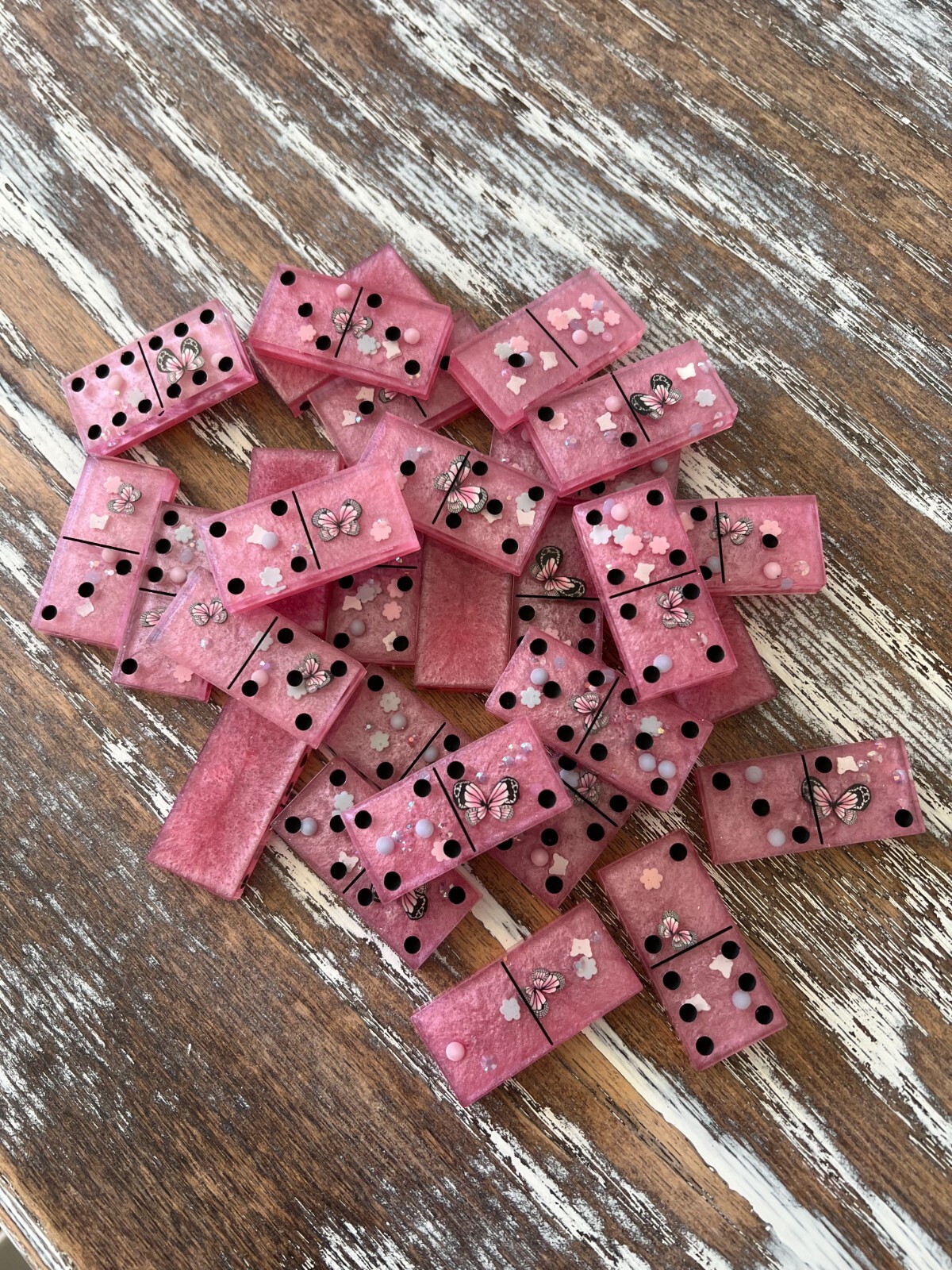 Butterfly Pink Resin Dominoes Game with Velvet Bag 28 pieces Glitter Handmade