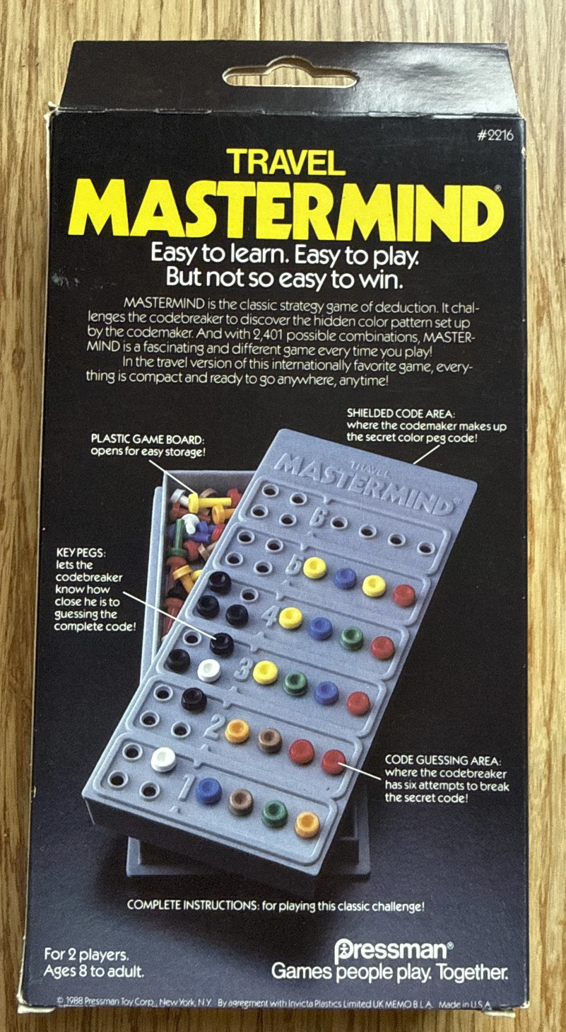Travel Mastermind Vintage 1988 Pressman Games-To-Go Complete Puzzle Game