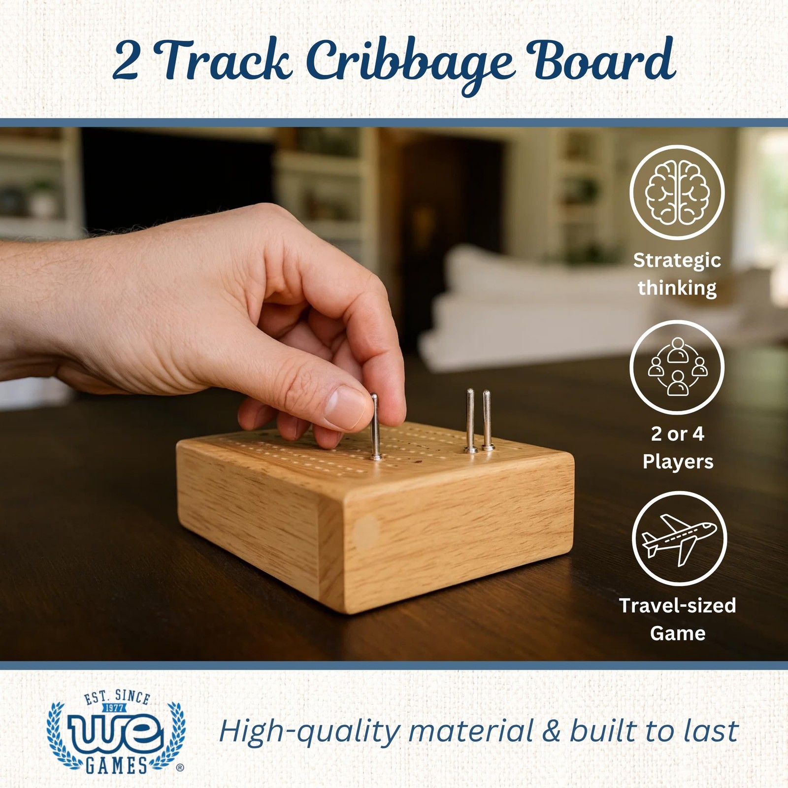 WE Games Wooden Travel Cribbage Board Game Set 4.75 in, Small 2 Track Travel Cri
